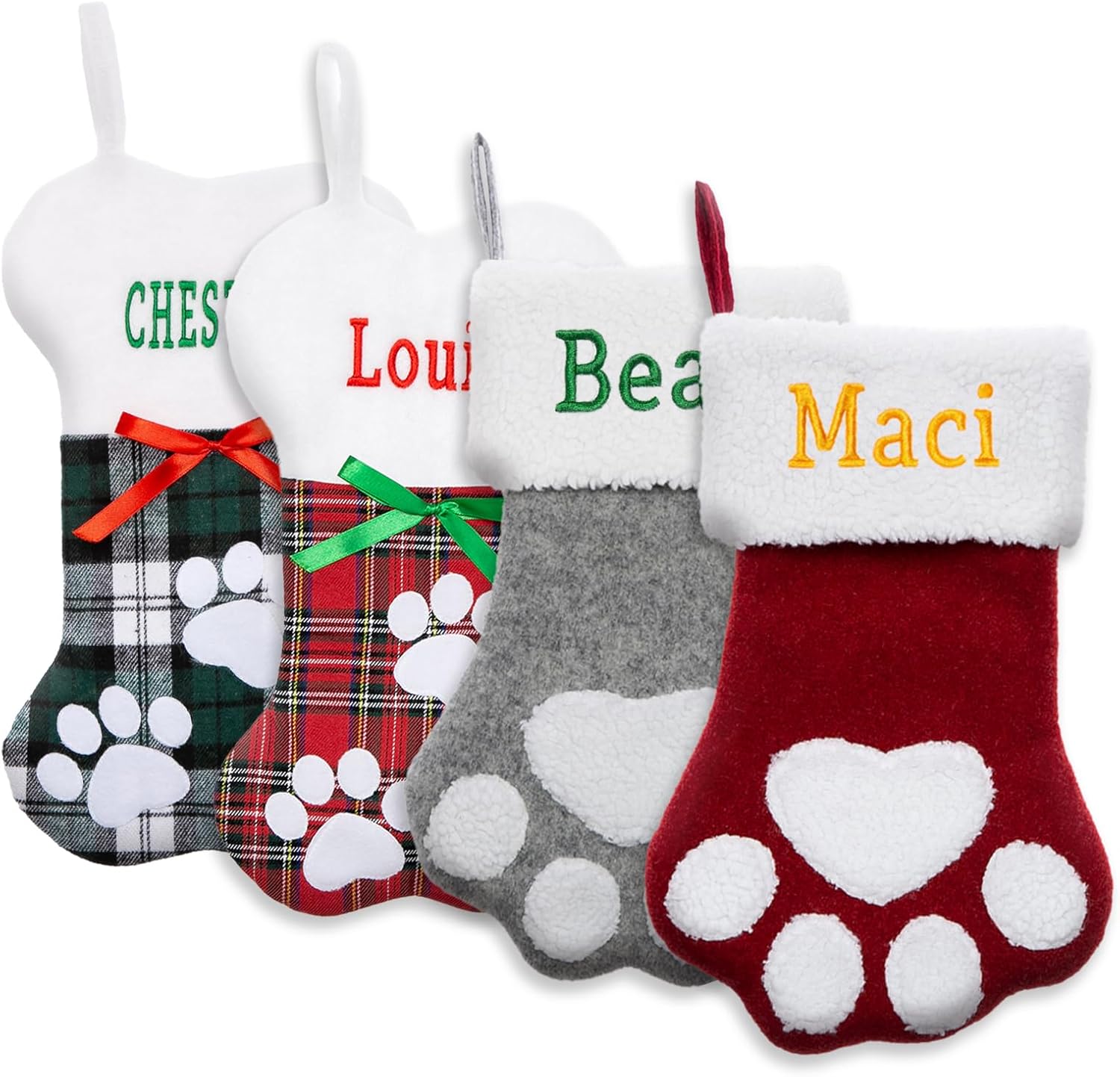 Personalized Christmas Stockings for Dogs Cats, Custom Pet Christmas Stockings with Embroidered Name, Pet Paw or Large Bone Xmas Stockings for Holiday Decoration (5 Pcs)