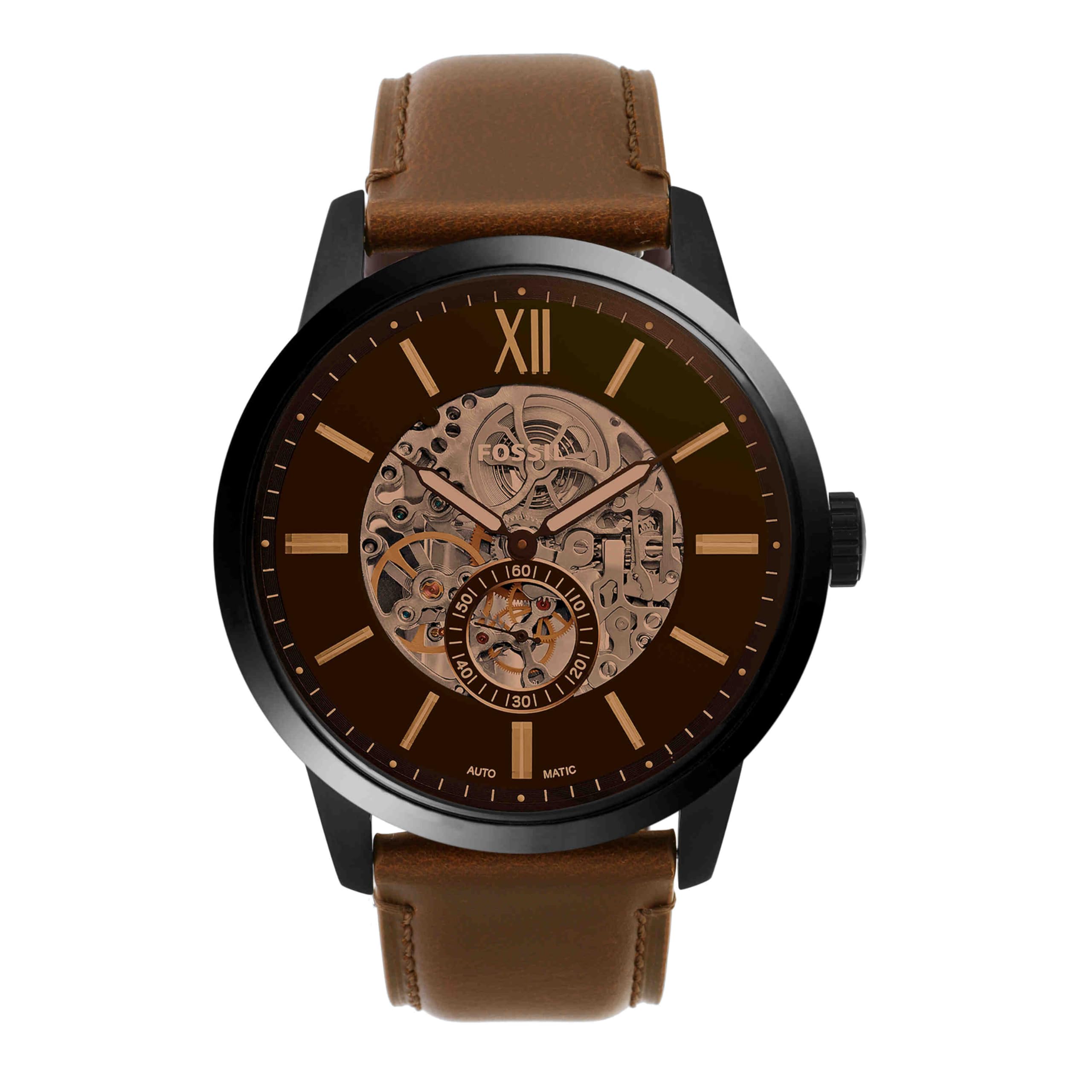 FossilMen's Townsman Automatic Stainless Steel and Leather Two-Hand Skeleton Watch