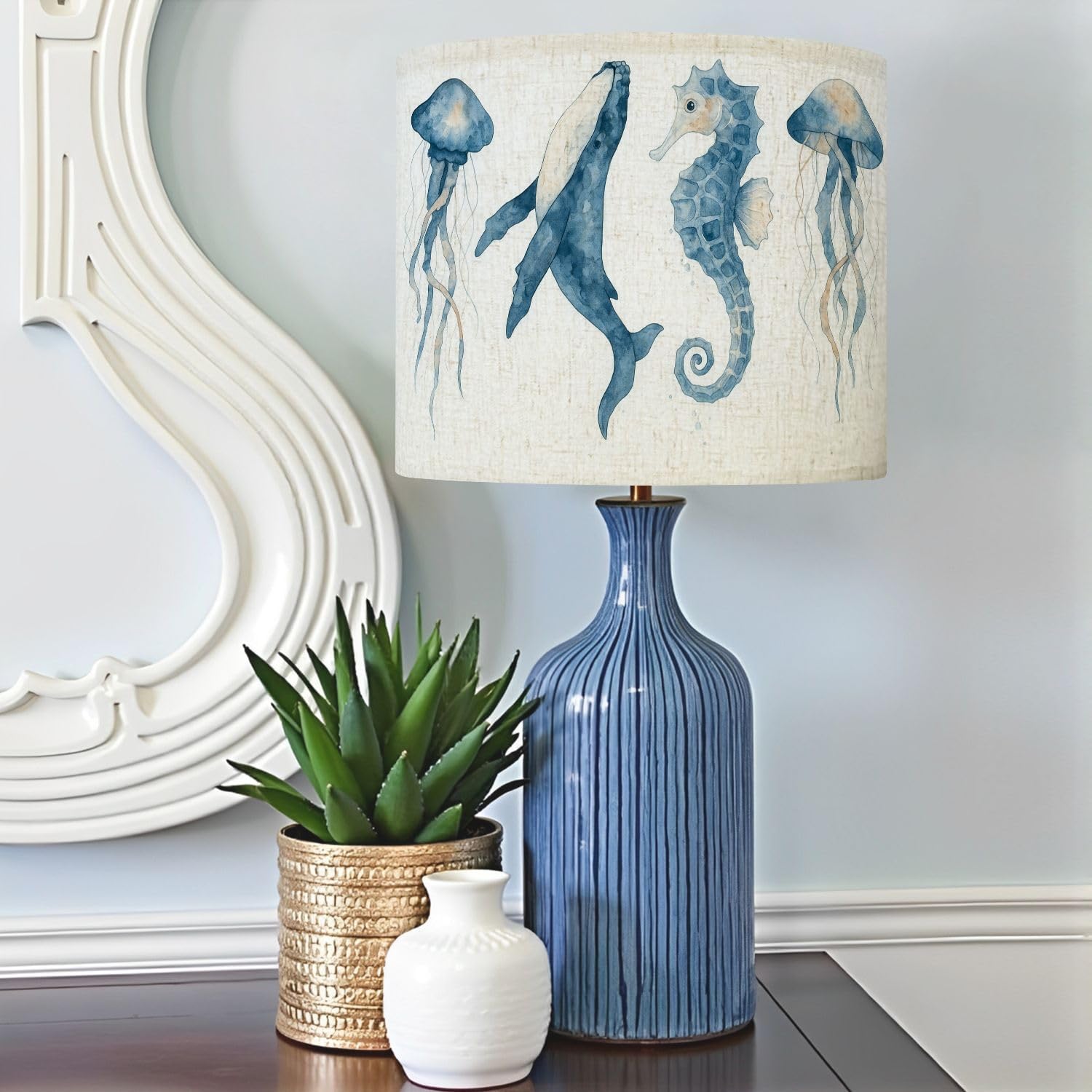Boho Drum Lamp Shades - 11" x 11" x 8.9" Set sea animals Blue watercolor ocean fish whale seahorse Replacement Natural Linen Lampshades for Table Lamps, Floor Lamps Easy Assembly