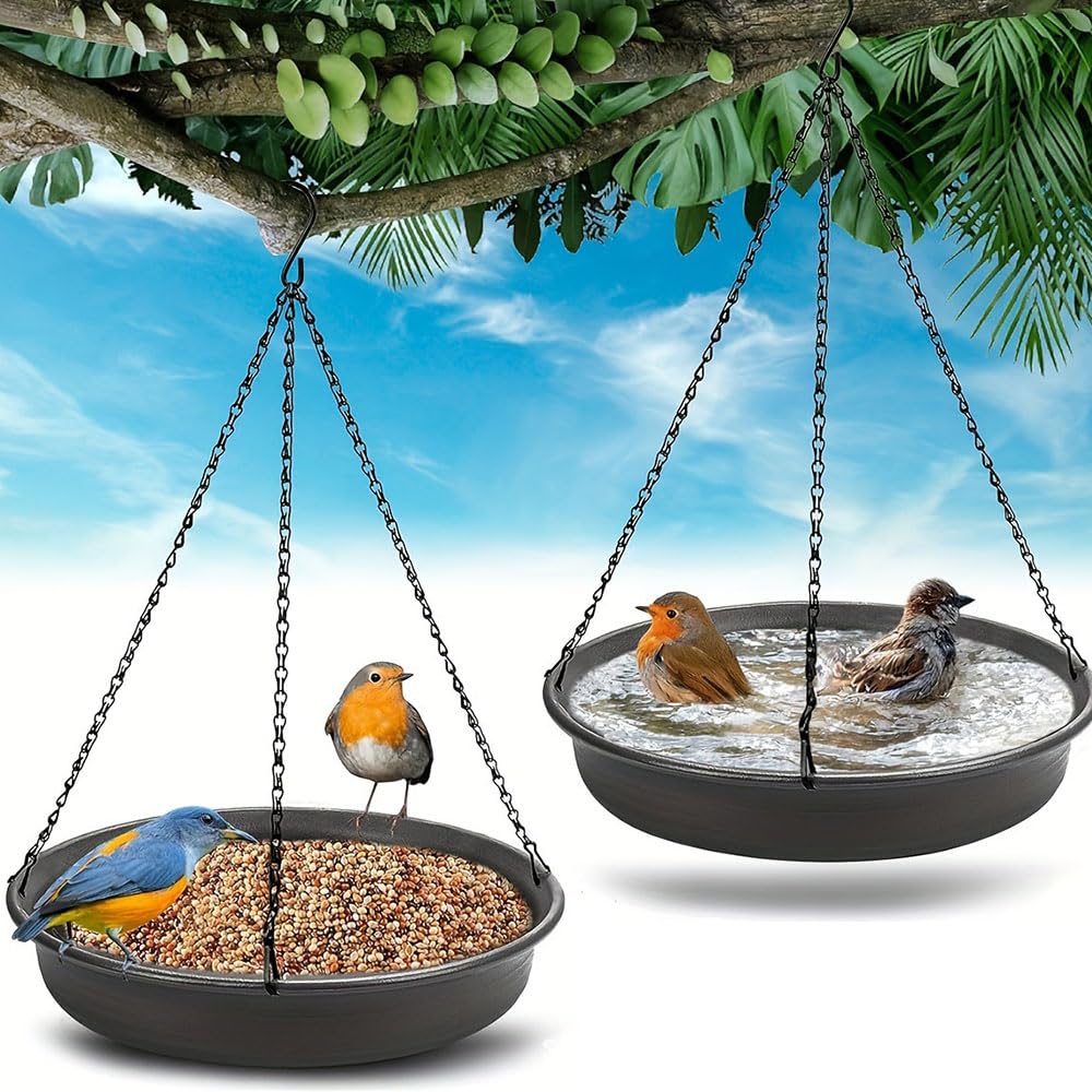 Comedero colgante para pájaros y cuenco de agua, bandeja de baño para pájaros con cadena colgante, perfecto para bebedero y estación de alimentación de pájaros silvestres
