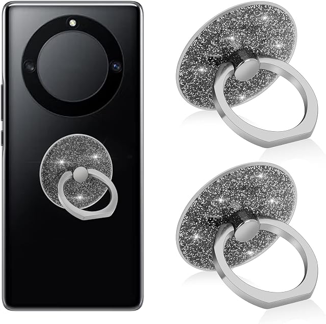cobee Glitter Bling Cell Phone Ring Holders, 2 Pcs Sparkle Bling Finger Kickstand Round Glitter Finger Mount 180/360 Degree Rotation Cell Phone Finger Holder Ring Grip for Women/Girls(Silver)