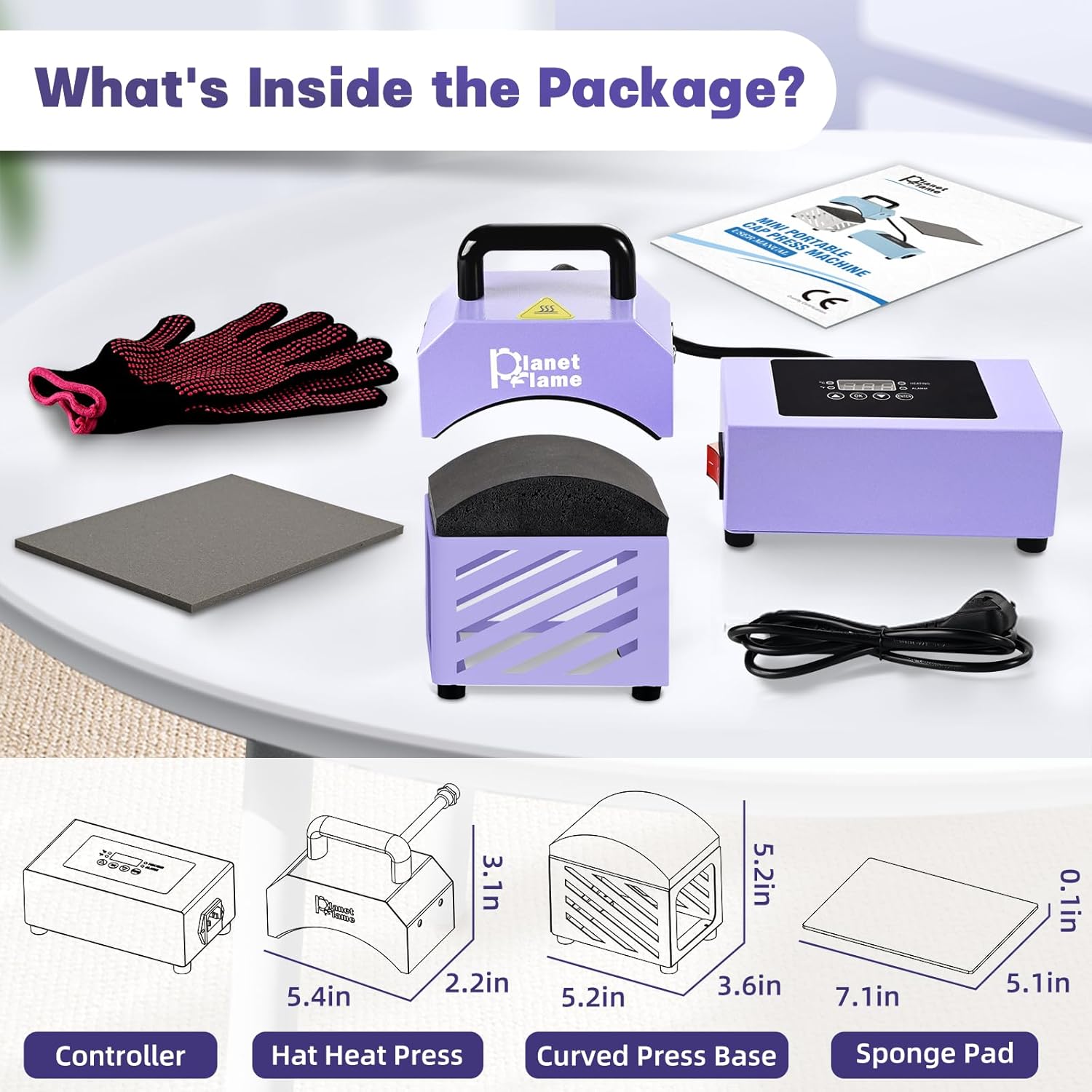 Hat Press, Mini Hat Press Heat Machine for Caps Hats with 5.4" * 3.1" Curved Teflon Coated Heat Plate & Safety Base for Heat Transfer Vinyl, Sublimation and DIY Projects, Purple