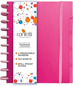 Confetti Discbound Notebook - Smart Wide Ruled Disc Planner with 4 Binder Dividers - Spill Proof Cover, Customizable Notepad with Removable Pages for School or Work - 120 sheets - Pink