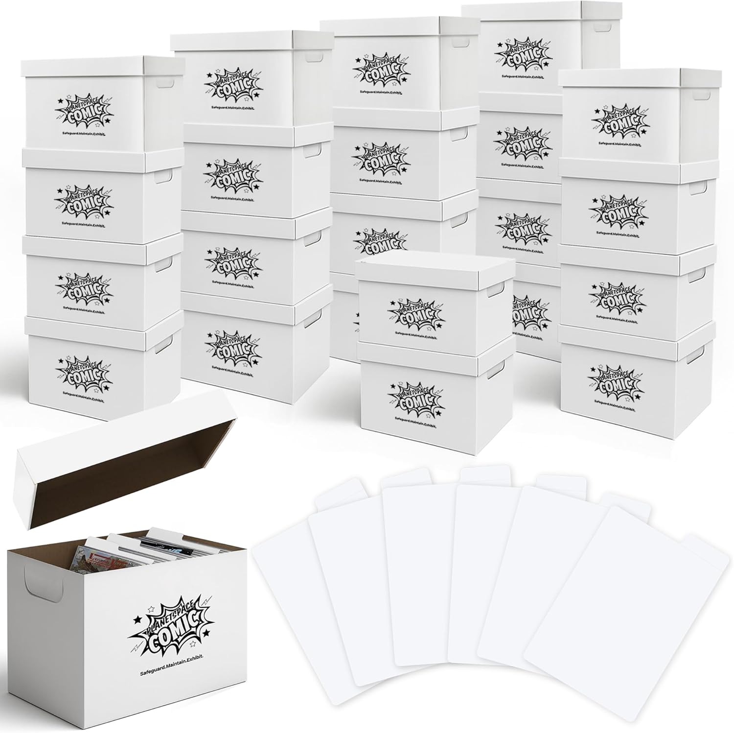 PlanetSpace Comic Book Storage Box | 22 Boxes with 6 Dividers (Each Box Stores Up to 175 Comics) - Short Stackable Design with Dust Protection Lid | Strong Structure & Acid Free Manufacturing