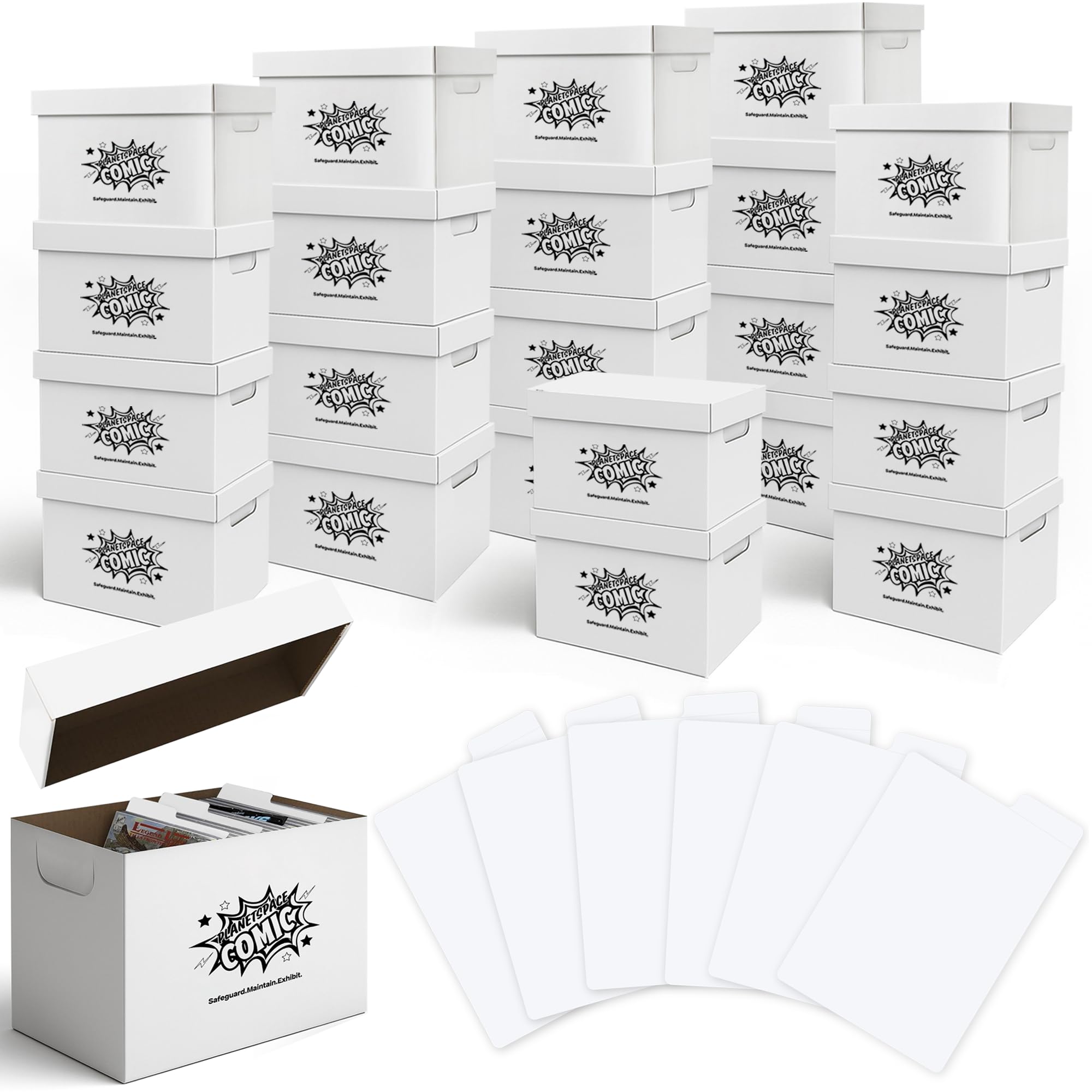 PlanetSpace Comic Aufbewahrungsbox für Bücher, 22 Boxen mit 6 Trennwänden (jede Box speichert bis zu 175 Comics) – kurzes stapelbares Design mit Staubschutzdeckel | Starke Struktur & säurefreie