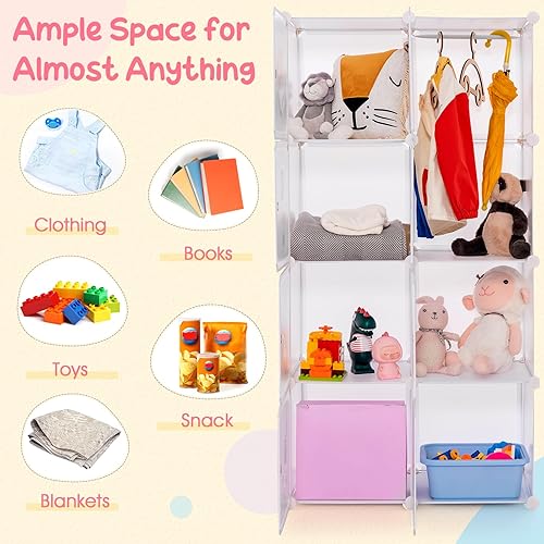Miniatura 5 de INFANS Armario para niños, armario portátil para bebé, lindo para dormitorio de niños, armario de guardería con puertas, 12 cubos, 2 secciones para