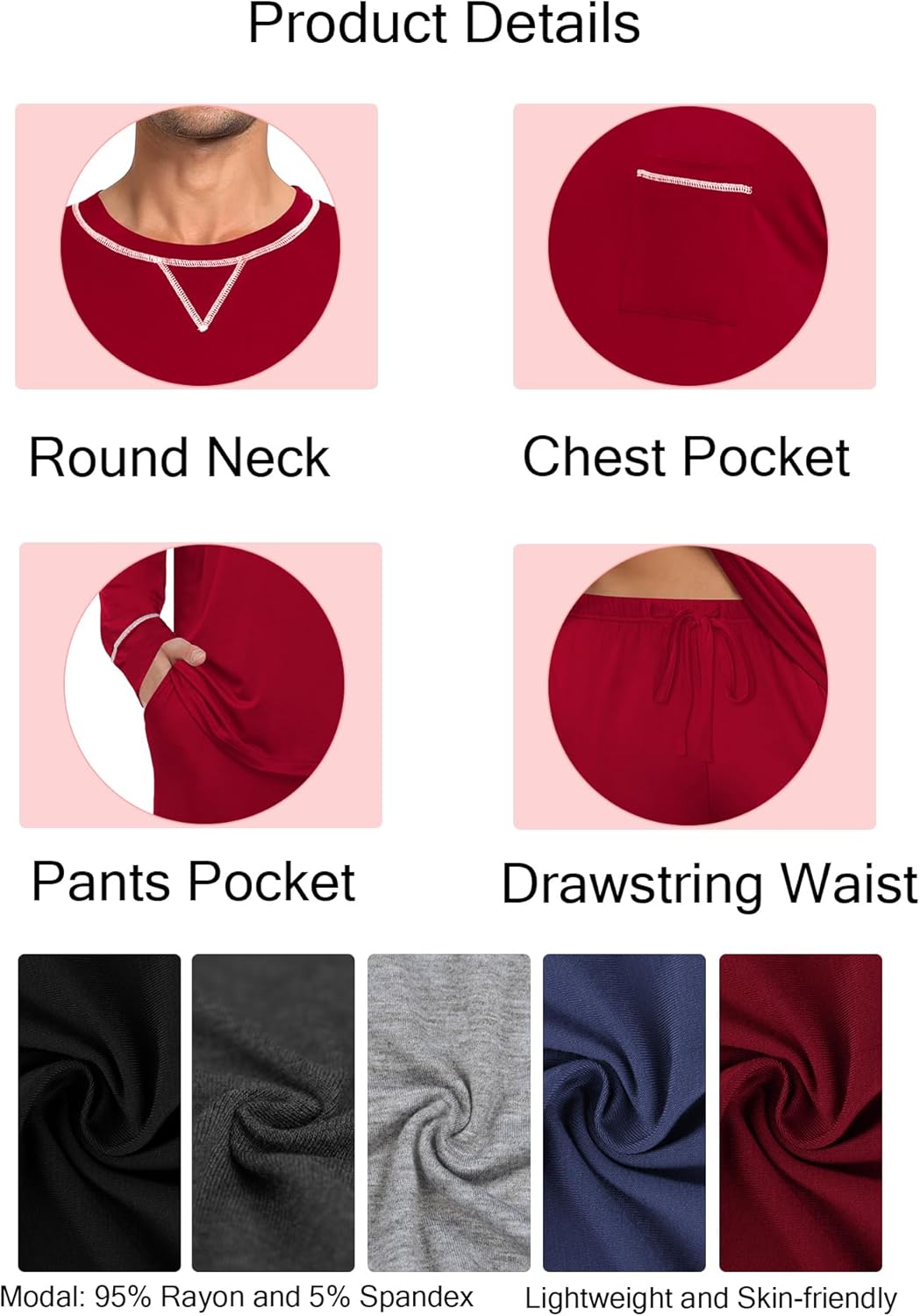 SWOMOG Mens Pajamas Set Modal Long Sleeve Sleepwear Crew Neck Pjs 2 Piece Loungewear Nightshirt Top & Pants with Pockets - Image 6