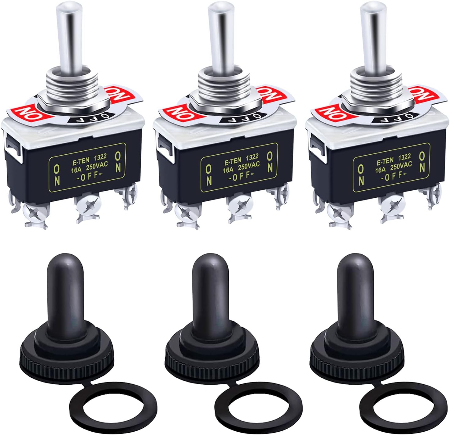 Twidec/Heavy Duty Rocker Toggle Switch 20A 125V DPDT 3 Position 6 Pin ON/Off/ON Switch with Metal Bat Waterproof Cap - Pack of 3, 2 Years Warranty Ten-1322