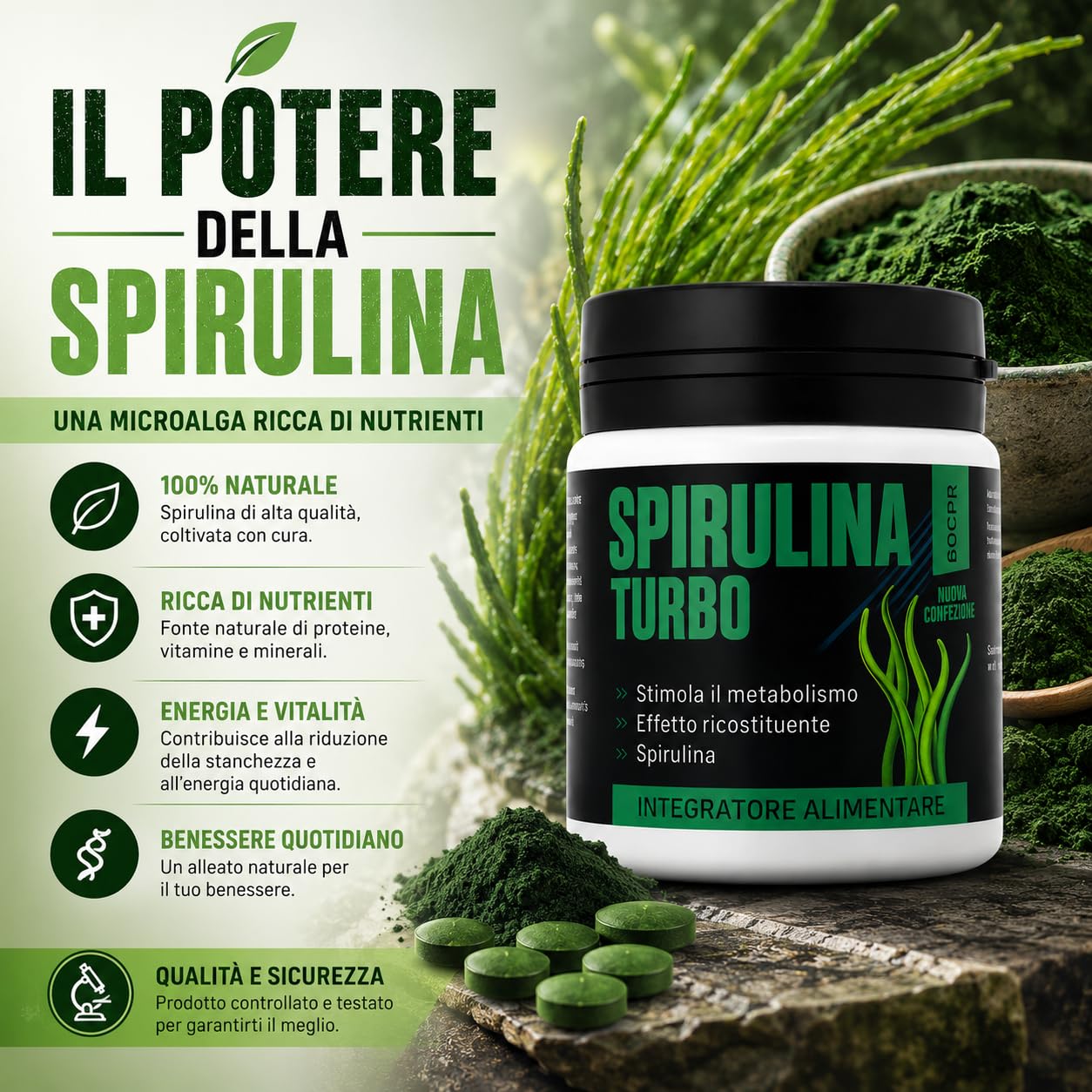 Spirulina Turbo Integratore Alimentare con Spirulina 240 Capsule | Con spirulina ad alto contenuto proteico, supporta il senso di sazietà e il benessere quotidiano.