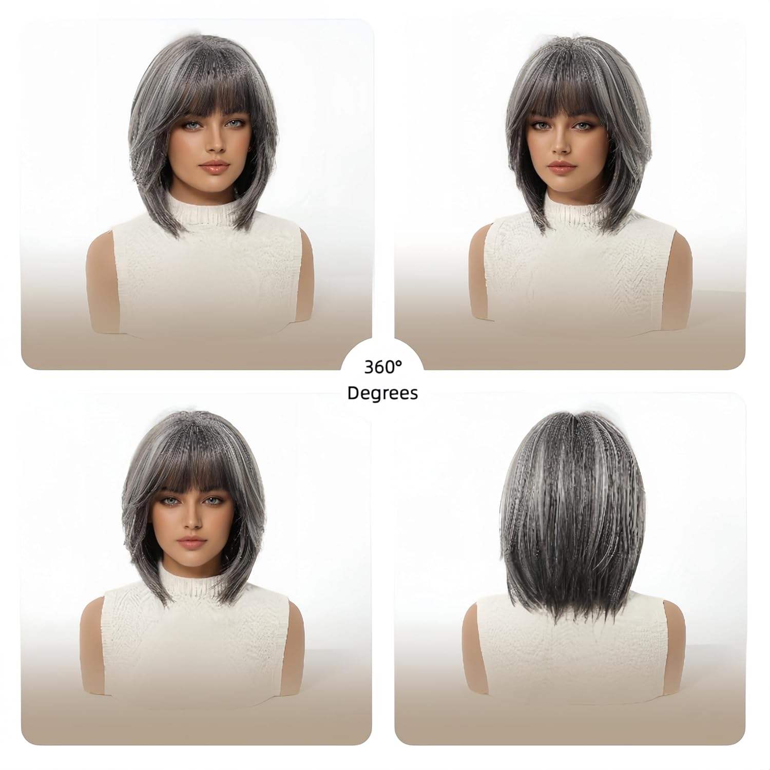 Short Bob Straight Human Hair Wigs With Silver Grey Highlights And Bangs For Women Party Wedding Natural Look (Grey)