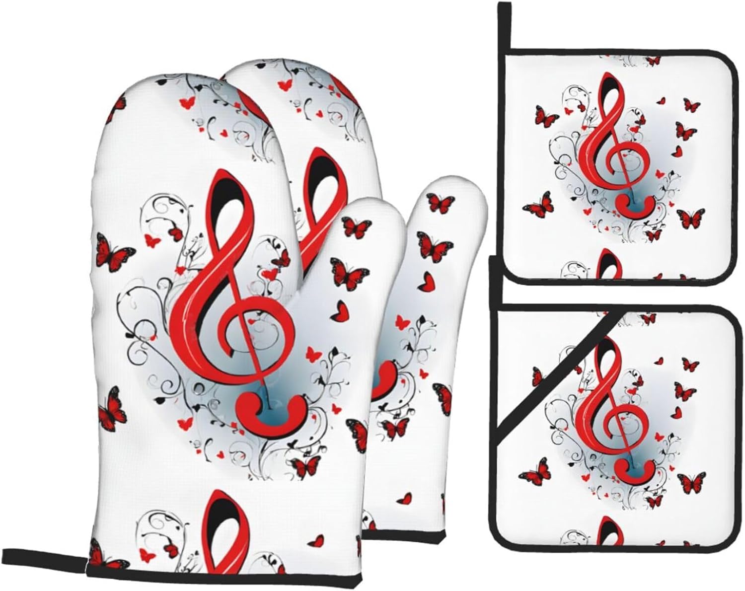 (Music Pattern) Baking 4-Piece Set: 2 Oven Mitts and 2 Pot Holders Heat Resistant Waterproof Hanging Loop for Kitchen Oven Grill Housewarming Gifts