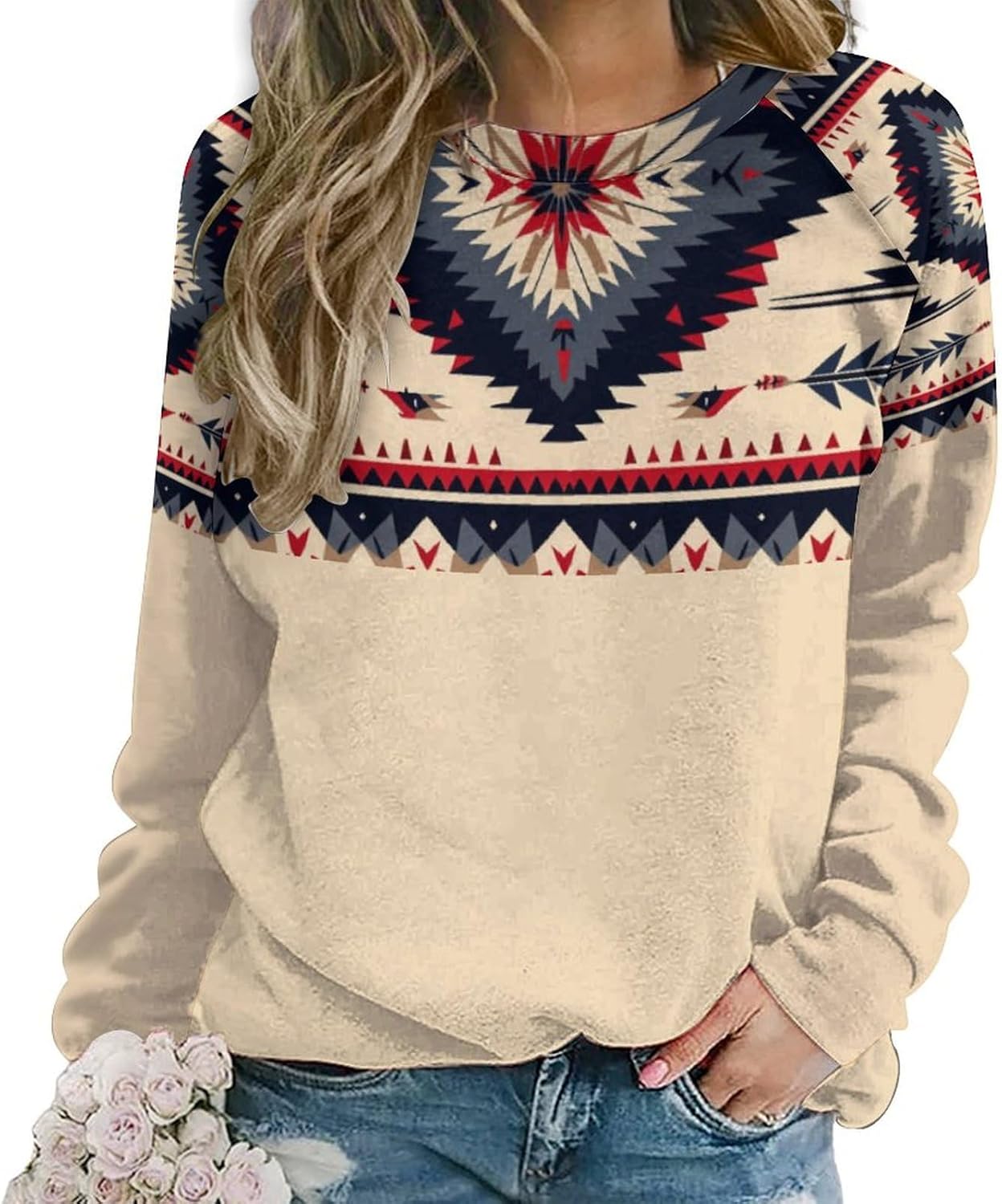ZOCAVIA Western Aztec Sweatshirts for Women Retro Ethnic Graphic Crewneck Long Sleeve Pullover Tops Fall Casual Country Shirt