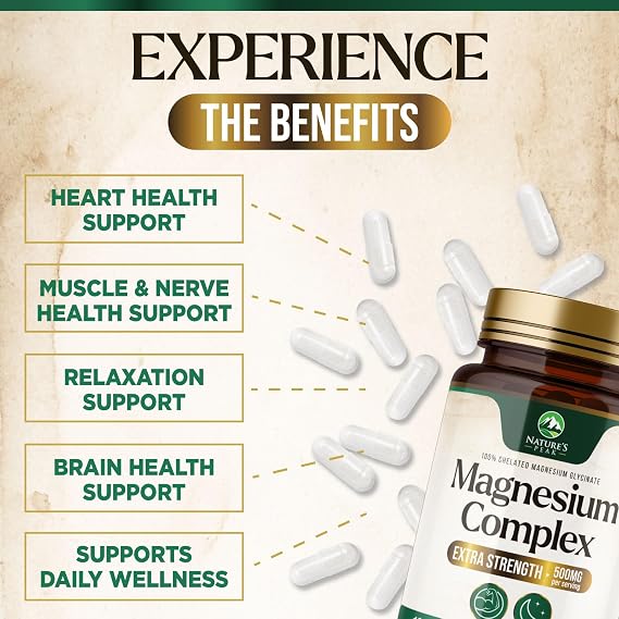 Magnesium Complex Supplement - Magnesium 500mg Per Serving - High Absorption Blend of Glycinate, Citrate, Malate, Oxide - Supports Sleep, Muscle, Bone, Heart Health - Bottled in USA - 60 Capsules