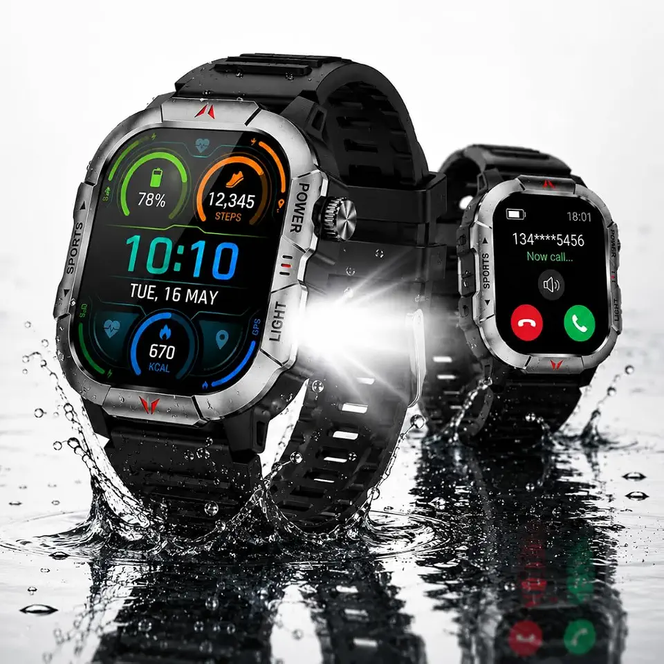 Relogio Smartwatch Militar GPS IP68 Tela 2.01 Polegadas Lanterna Bussola 100 Modos Esportivos Bluetooth Chamadas iOS e ANDROID, Preto