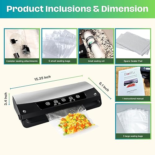 Miniatura 5 de Sellador al vacío de cocina para ahorrar alimentos, máquina selladora al vacío de alimentos secos y húmedos con rollos de bolsas de sellado,