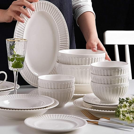 Dinnerware Sets - Luxury Gift Dishes Service Set, Ceramics Dinner Sets, 56 Pieces Relief Stripe Cereal Bowl and Steak Plate Set | Pure White Porcelain Dinnerware Set for Family Gathering