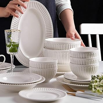 Dinnerware Sets - Luxury Gift Dishes Service Set, Ceramics Dinner Sets, 56 Pieces Relief Stripe Cereal Bowl and Steak Plate Set | Pure White Porcelain Dinnerware Set for Family Gathering