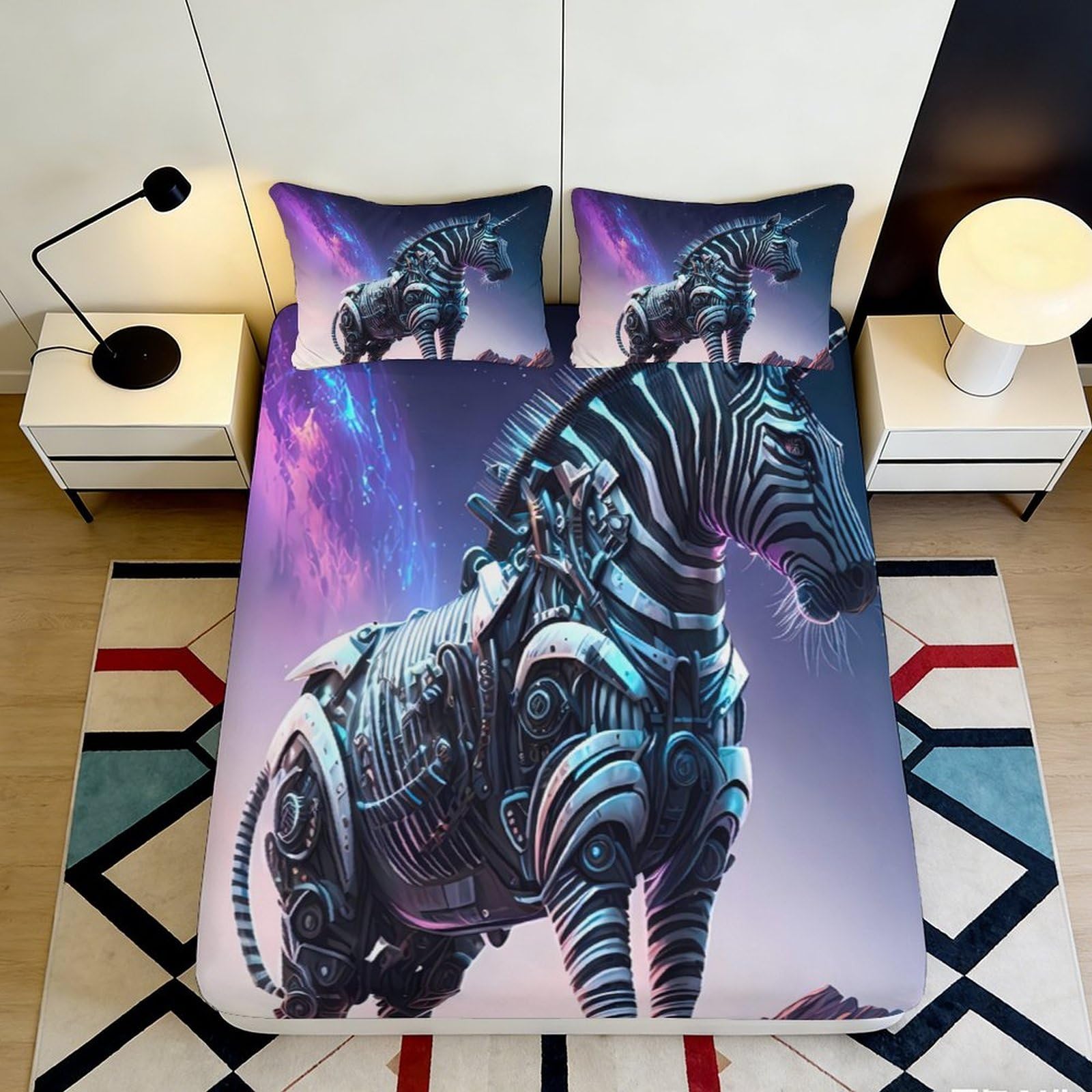 3D Printed Futuristic Zebra Fitted Sheet Microfiber Soft Breathable Cyberpunk Mechanical Bed Cover for Bedroom Dorm Decor Mattress Protection 180x200x25cm