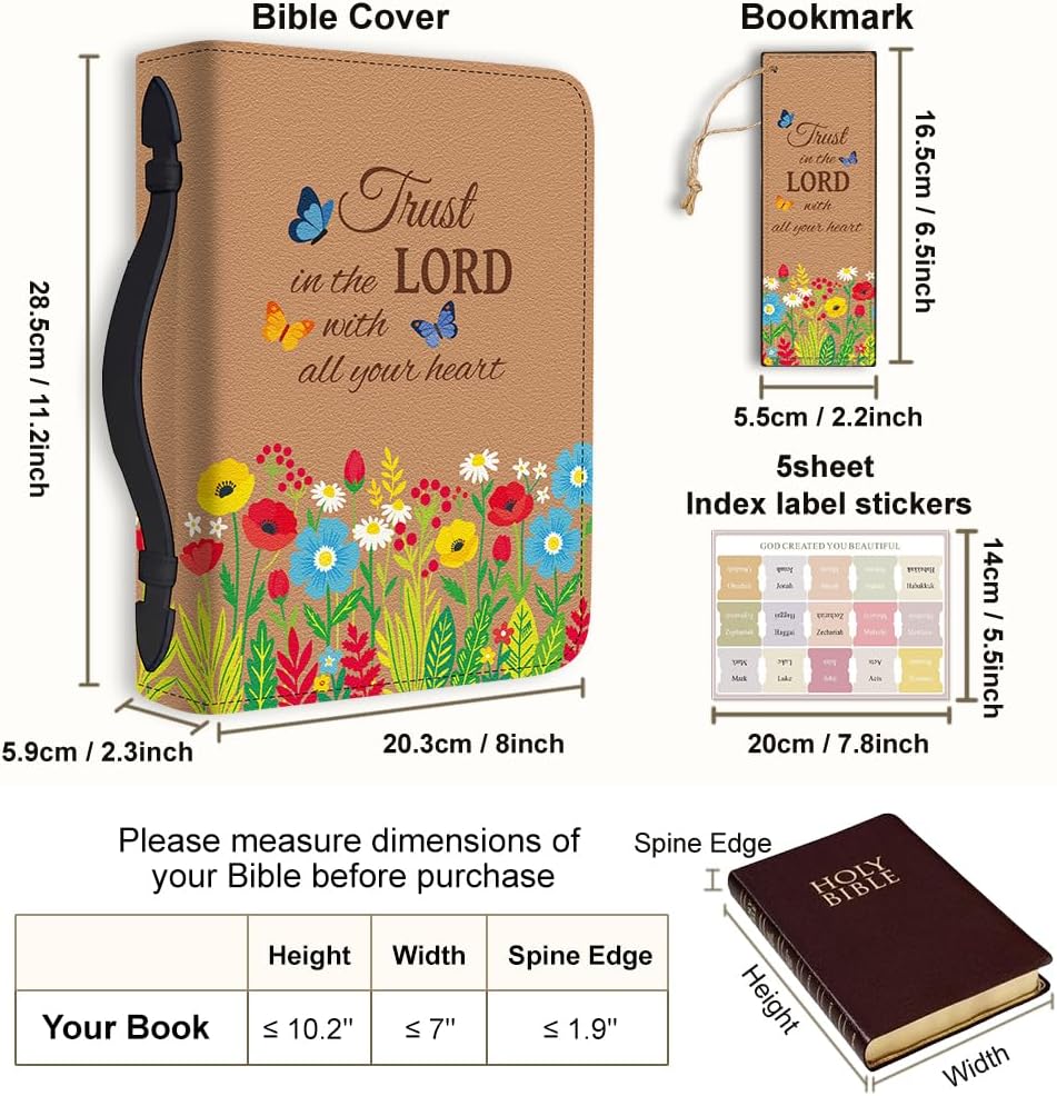 Women's Bible Cover Floral Butterflies PU Leather Book Carrying Bag with Bookmark Inspirational Bible Verse Book Case with Handle&Zipper Christian Gifts Church Study Supplies 11.2×8×2.3inch