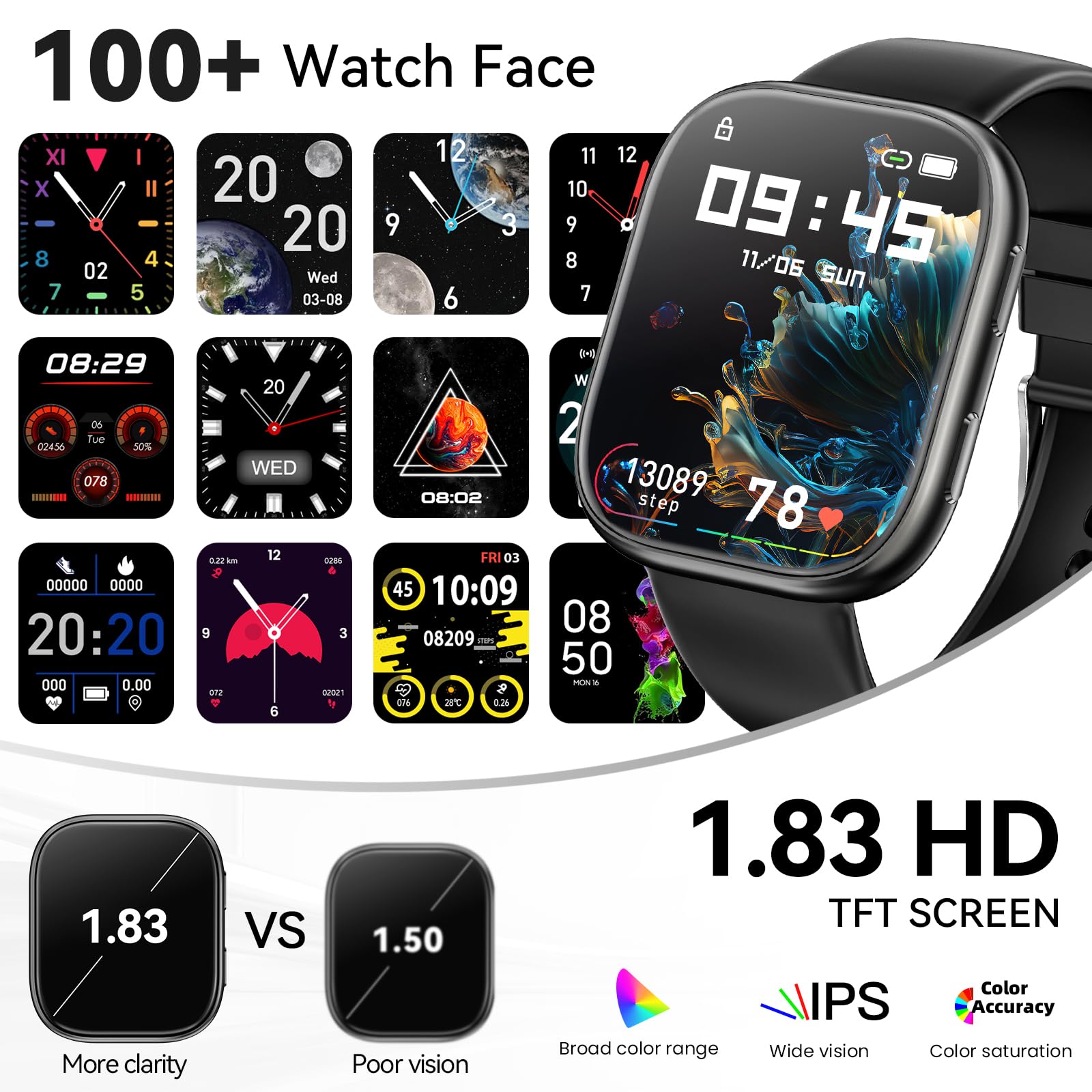 Hwagol smartwatch T8 Black -IT Smartwatch Damen Herren, 1.83" HD Fitnessuhr mit Telefonfunktion, Fitness Tracker mit SpO2 Pulsmesser Schlafmonitor Schrittzähler, 110+ Sportmodi Sportuhr