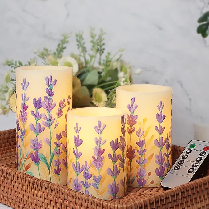MELTONE MELTONE Lavender Flameless Candles with Remote: Romantic Theme Real Wax Fake Candles - Home Bedroom Party Room Christmas Decor - Set of 3 photo 5