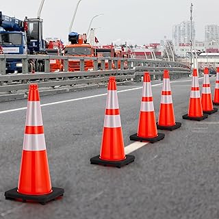 28 Inch Traffic Safety Cones (6-Pack) - Heavy Duty PVC Orange Road Parking Cones with 2 Reflective Strips for High Visibility, Road Hazard, Parking Control & Construction
