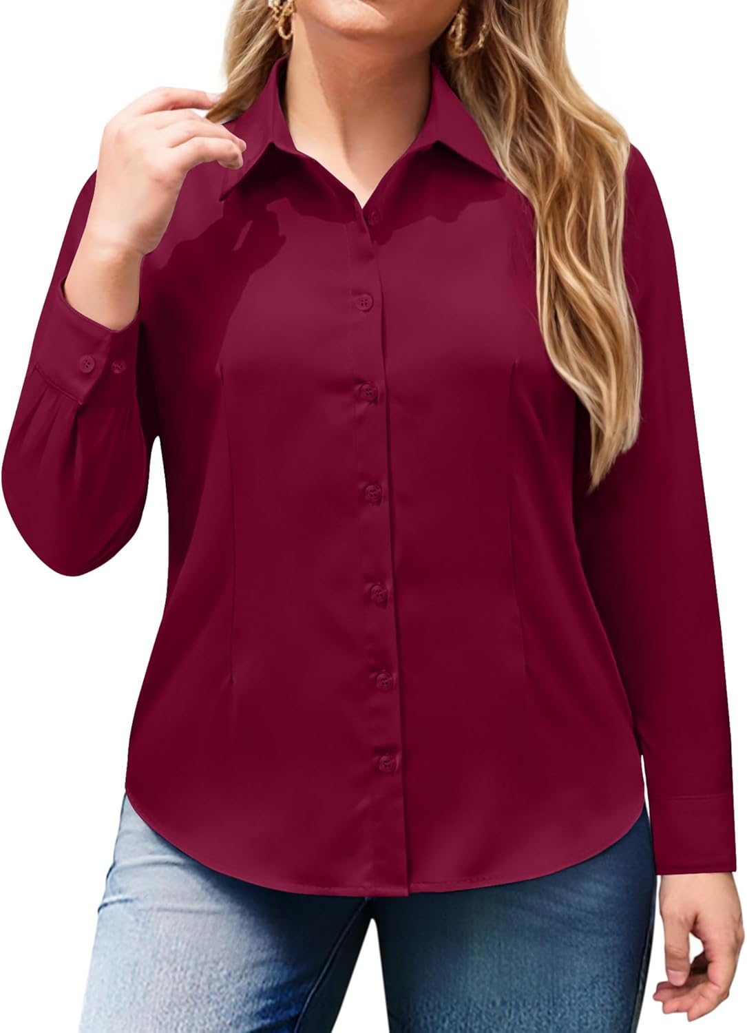 siliteelon Plus Size Button Down Shirts for Women Long Sleeve Dress Shirt Stretch Collared Shirt Work Office Blouse Top