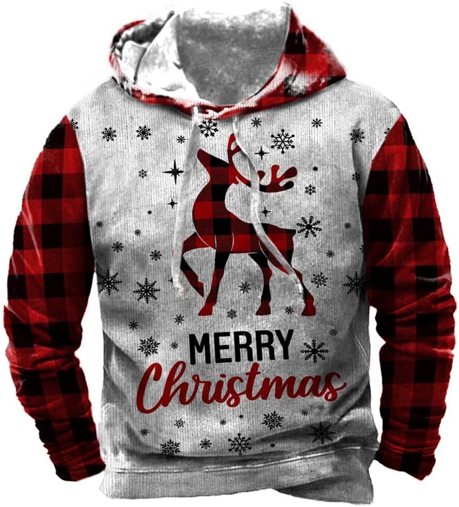 Arvilhill Men's Ugly Christmas Hoodies Vintage Red Plaid Sweatshirt (S-3XL)