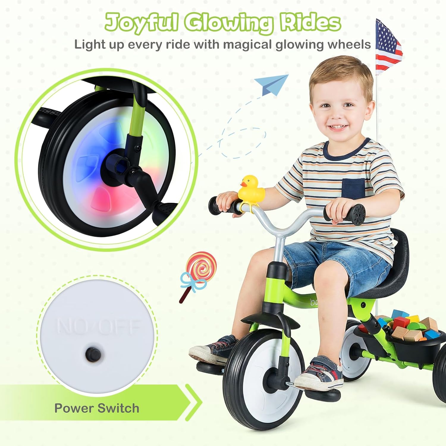 BABY JOY Toddler Bike, Folding Kids Tricycle w/Glowing Wheels, Flag, 3-Position Seat, Storage Basket & Squeaky Duck, Baby Trike Balance Bike for 1-3 Years Old Boys Girls Outdoor Play (Green)