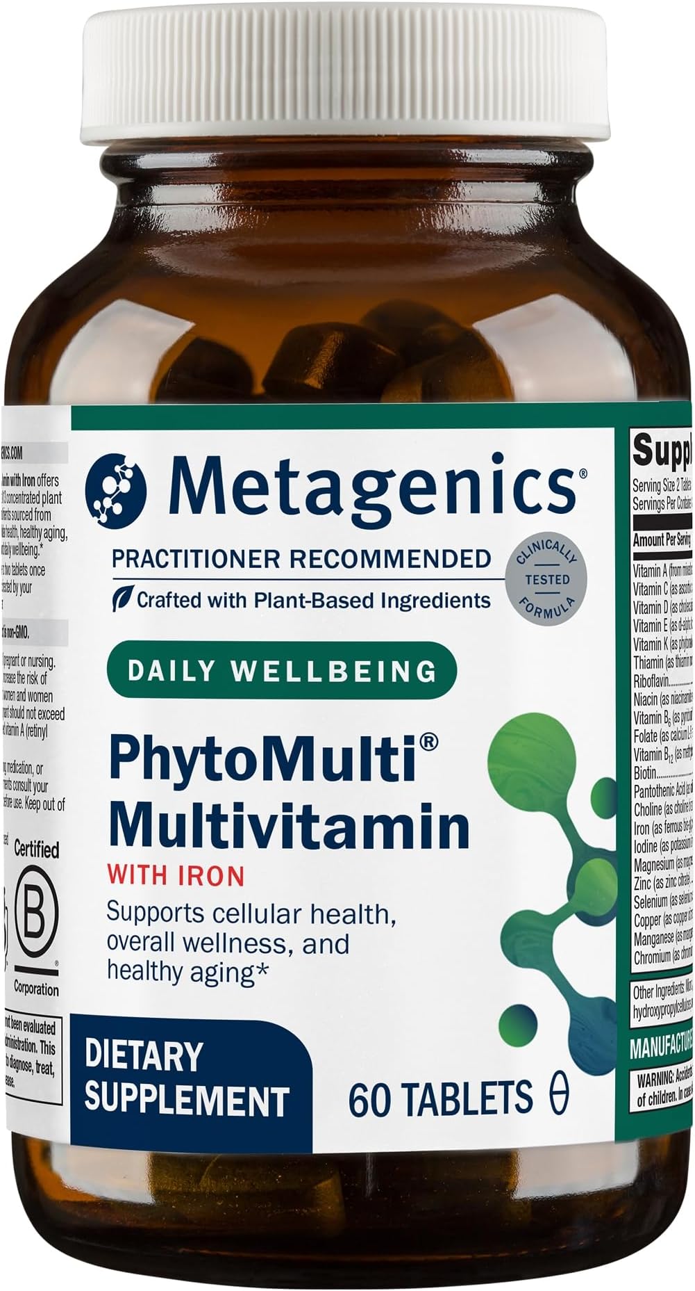 Metagenics Phytomulti with Iron, 60 Count | Daily Multivitamin for Men and Women with Phytonutrients, Methylfolate, Vitamins A-K, Zinc and B6, Iron Bisglycinate 18 mg