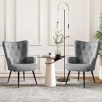 Vista 24 de Furnimart Silla decorativa beige, silla moderna de mitad de siglo para sala de estar con estructura de madera, silla de alas cómoda para oficina