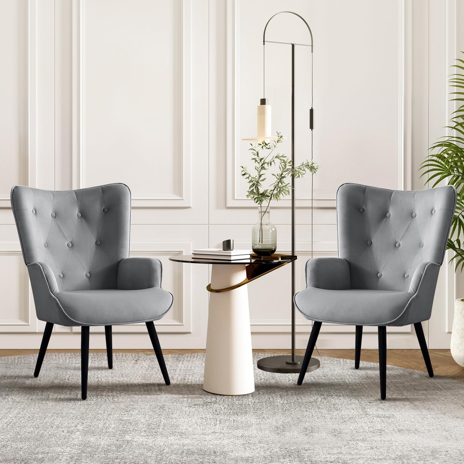 Furnimart Accent Chairs Set of 2, Grey Velvet Chair Reading Chair Armchair with High Backrest, Wingback Corner Chair Mid Century Modern Chair for Living Room, Bedroom, Waiting Room