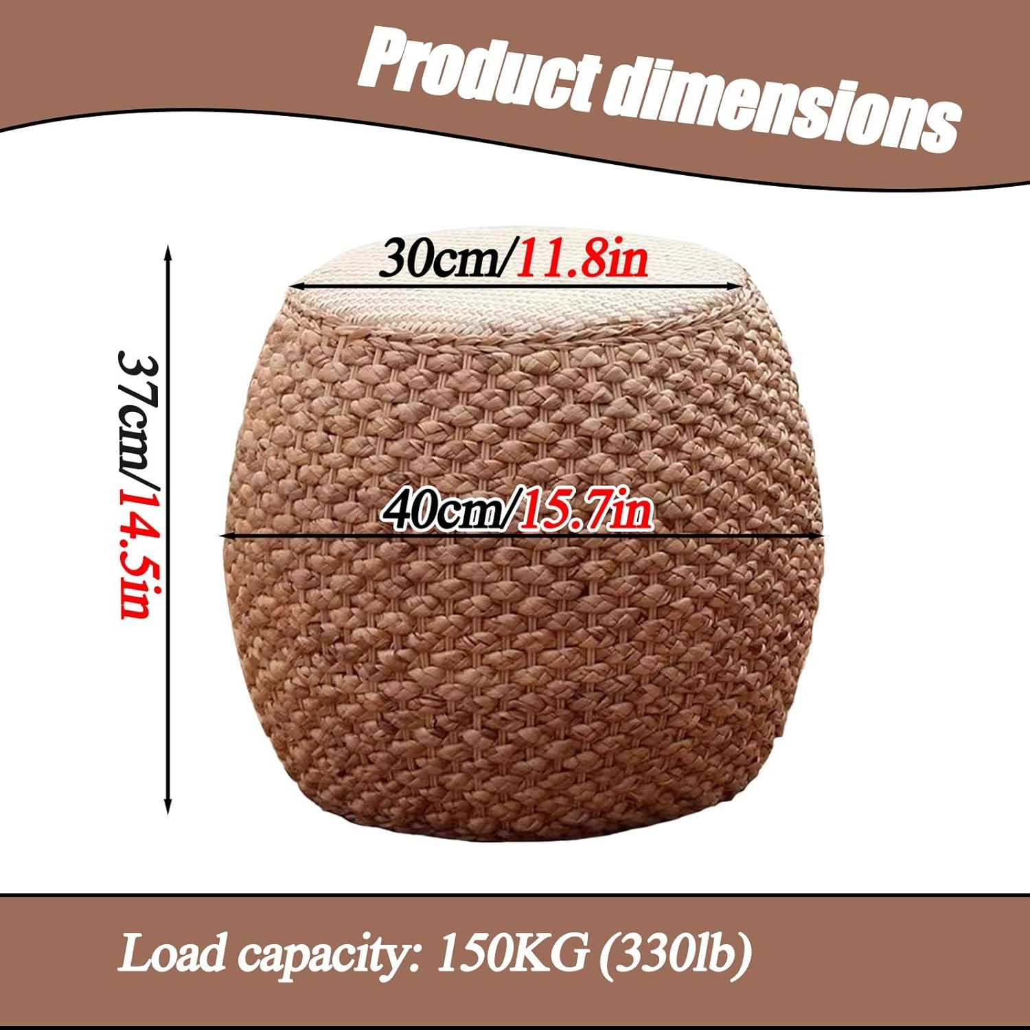 Round Ottoman Natural Seagrass Braided Poof Hand Weaving Round Ottomans Boho Footrest Stool for Home Living Room Bedroom Patio(37cm/14.5in)