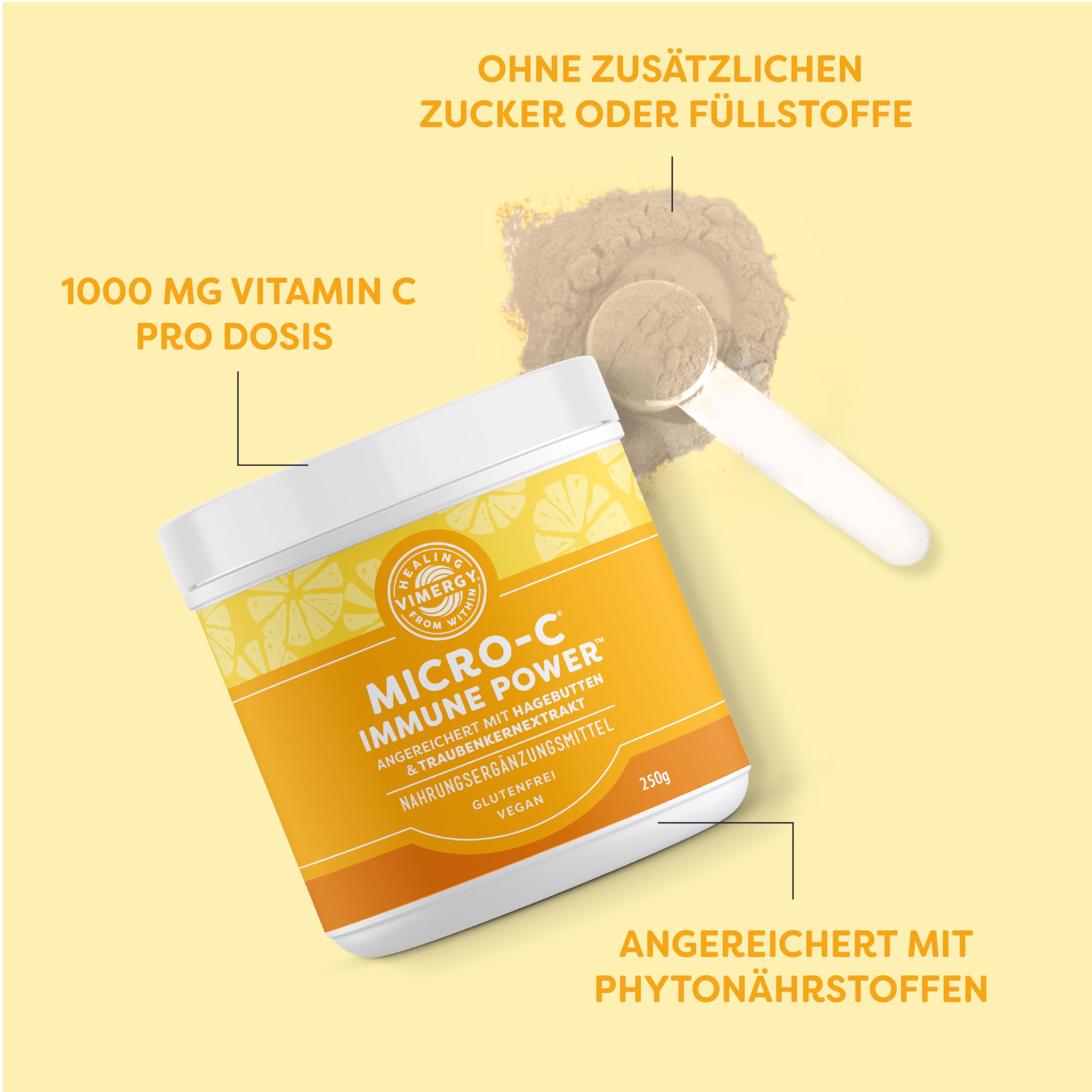 Vimergy Micro-C Immunkraft, 139 Einnahmen – Vitamin C 1000 mg – Sanfte Ascorbinsäure - Vitamin C Gepuffert als Pulver – Immunsystem & Nerven – Knochen & Knorpel – Glutenfrei -Vegan (250 g)
