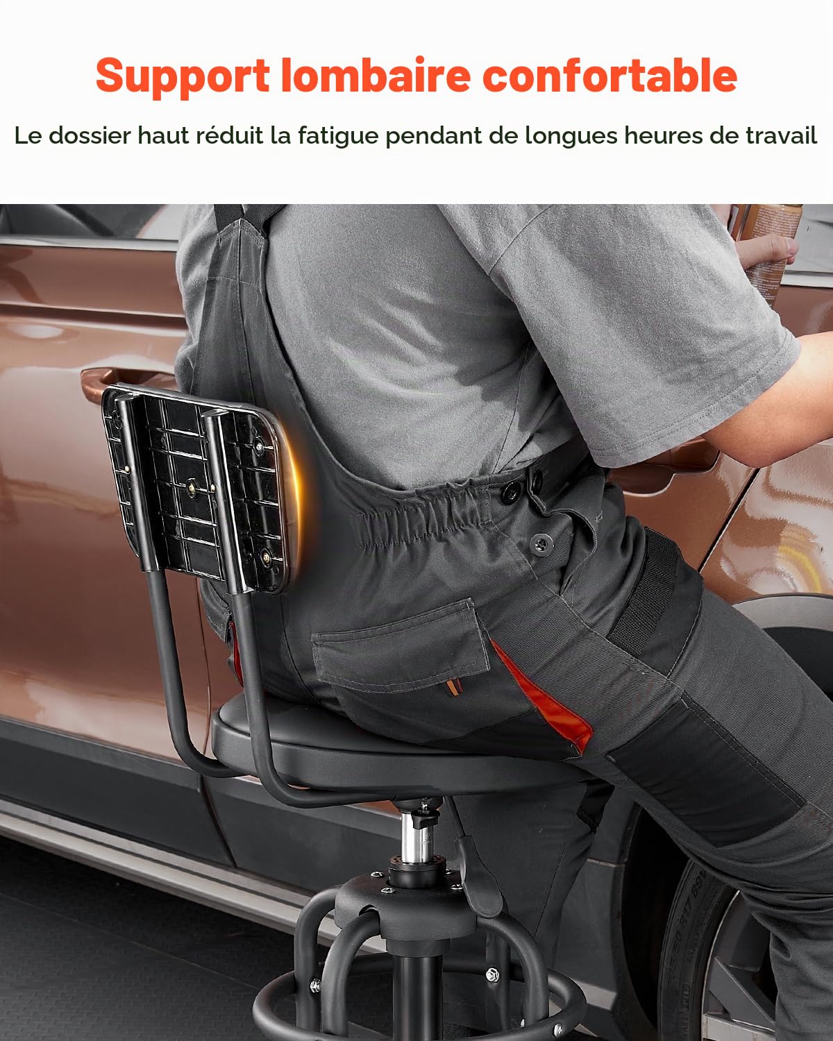 VEVOR Tabouret d'Atelier avec Dossier, Tabouret de Mécanicien sur roulettes avec Capacité de Charge Maximale de 136 kg, Siège de Garage Rembourré Pivotant à 360°, Réglable en Hauteur, pour Garage