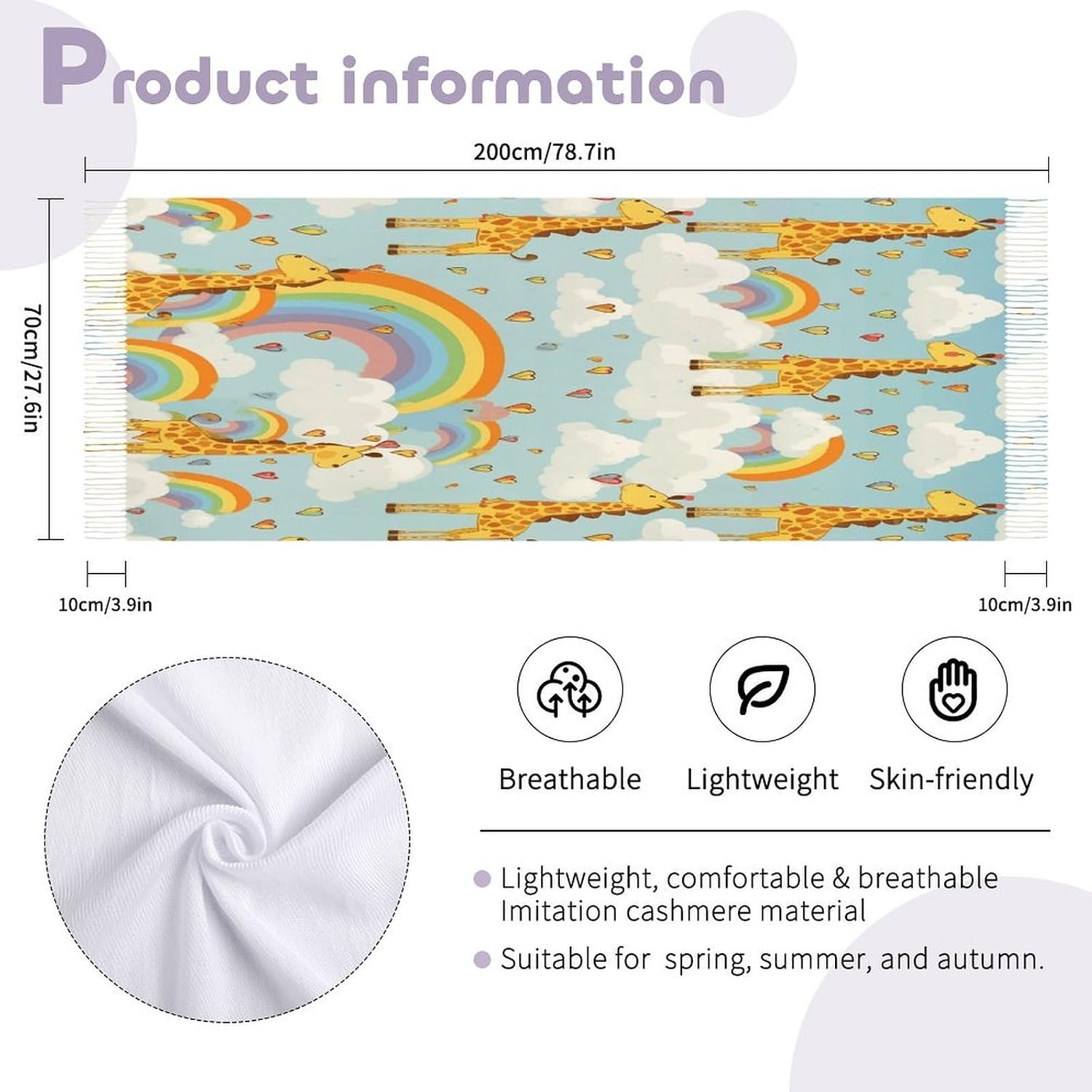 Cartoon Giraffe Rainbow And Clouds Winter Scarf for Women Soft Tassel Scarves Oversized Wraps Long Shawl Cold Weather Thick Blanket Scarfs