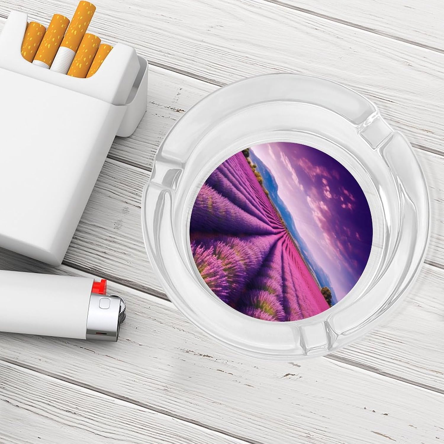Round Ashtray,Lavender Fieldsprinted Portable Ashtray,Tabletop Ashtray for Home Office Indoor Outdoor Patio Use And Modern Decoration