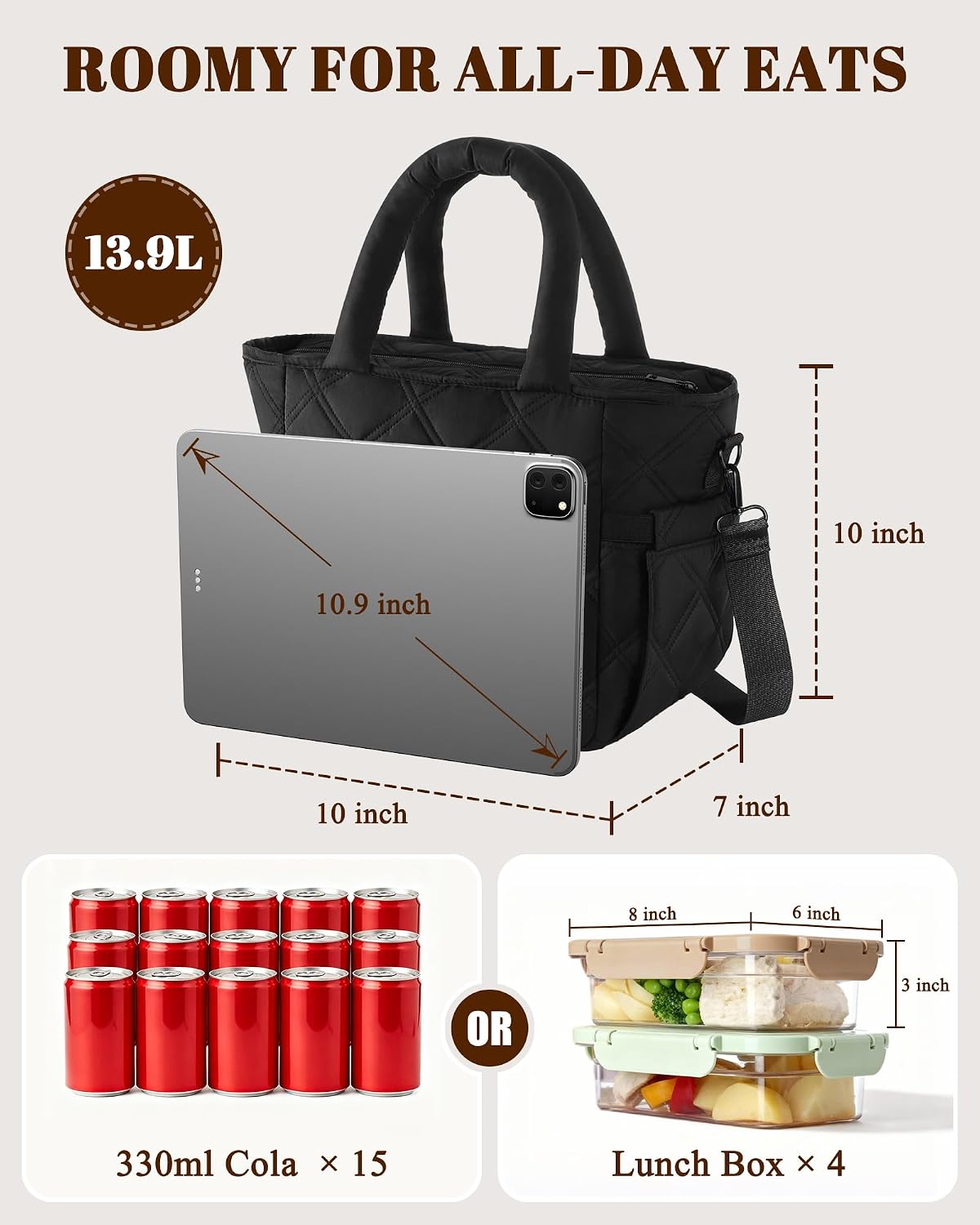 Insulated Lunch Box for Women Men, Soft & Puffy Lunch Bag, Large Capacity Leakproof Reusable Tote Cooler Bag with 4 Pockets, Adjustable Strap, Ideal for Work, Outdoors, Picnic, Travel (Black)