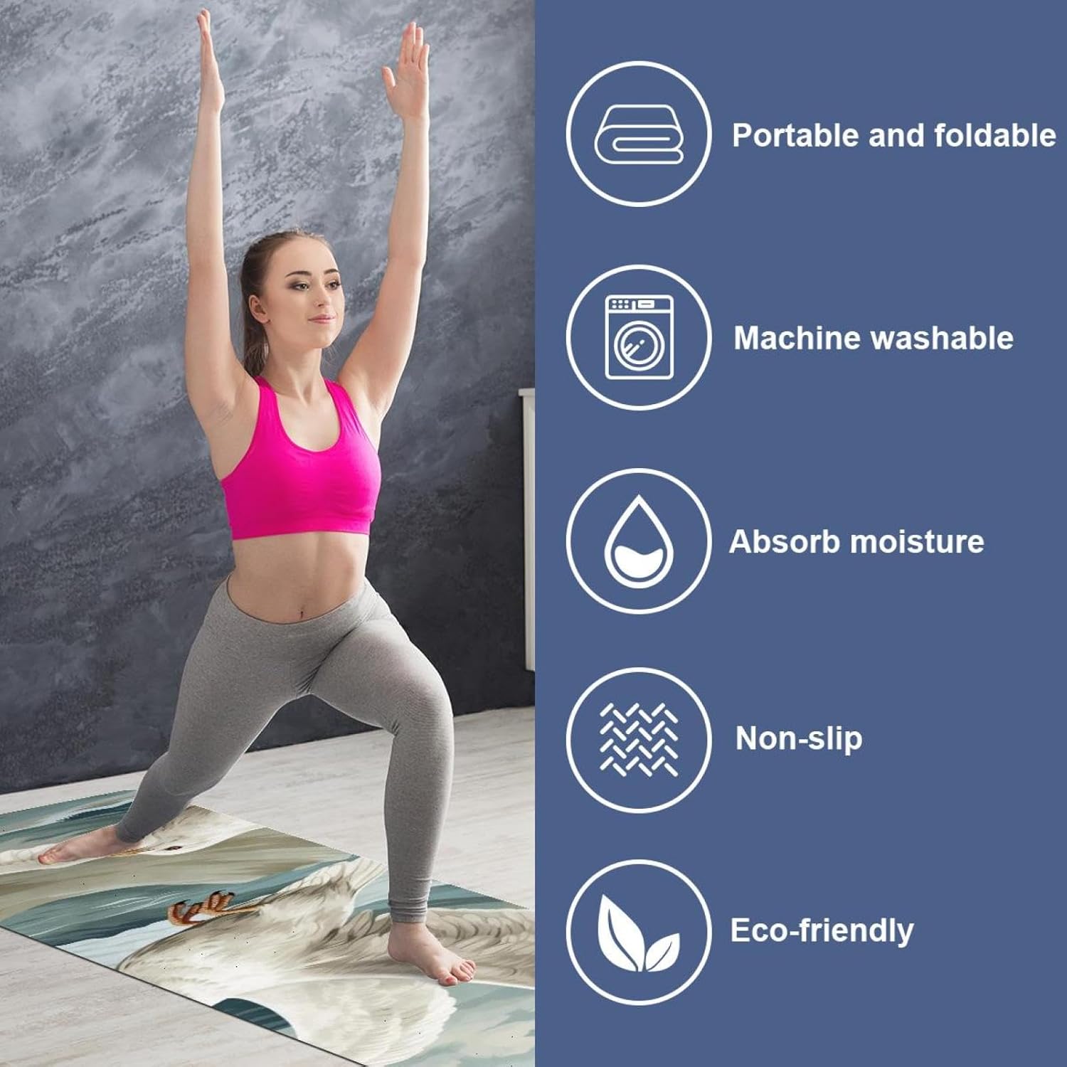 Yoga Towel, Seagull Pattern Non Slip Sweat Absorbent Hot Yoga Mat Towel for Hot Yoga, Pilates and Fitness - 72.8" x 26.8"