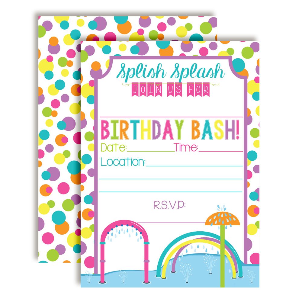 Splash Pad Wet and Wild Fun Birthday Party Invitations for Girls, 20 5x7 Fill In Cards with Twenty White Envelopes by AmandaCreation