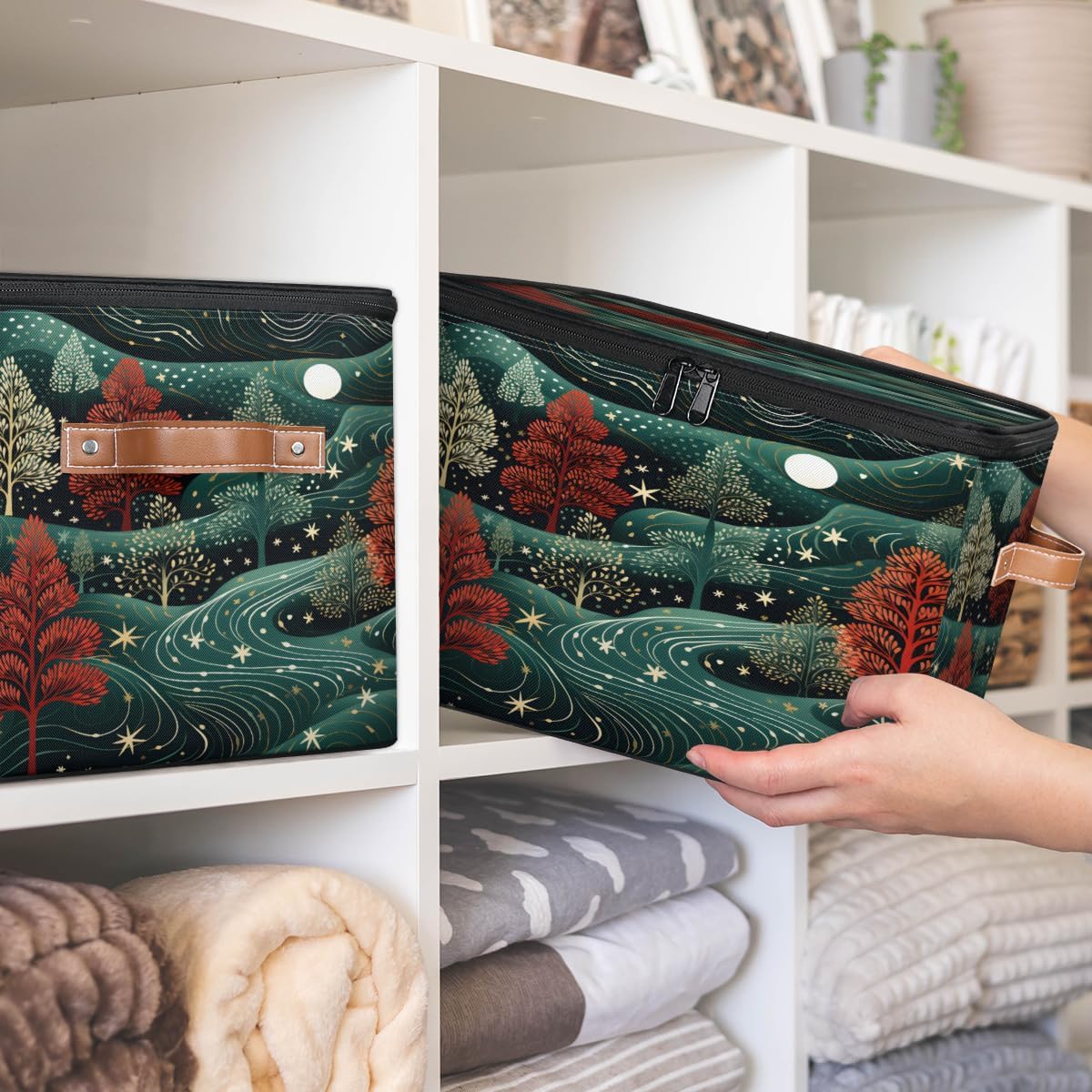Storage Bin Set of 2 Night Forest Storage Basket with Zipper Lid & Handle Foldable Closet Shelf 2 Pack Cloth Organizer Basket Cube Bins Clothes Organizer for Nursery, Bedroom