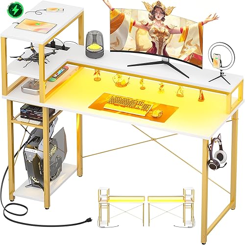 iSunirm Escritorio para juegos de 47 pulgadas con almacenamiento, escritorio de computadora con luces LED, escritorio de oficina en casa con