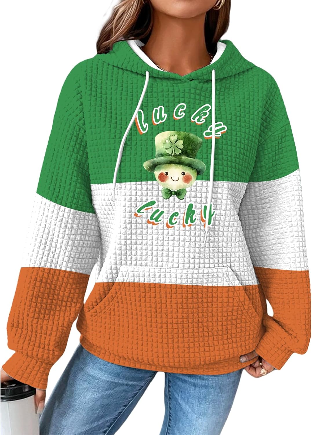 St Patricks Day Hoodies For Women Shamrock Print Waffle Pullover Fashion Long Sleev...