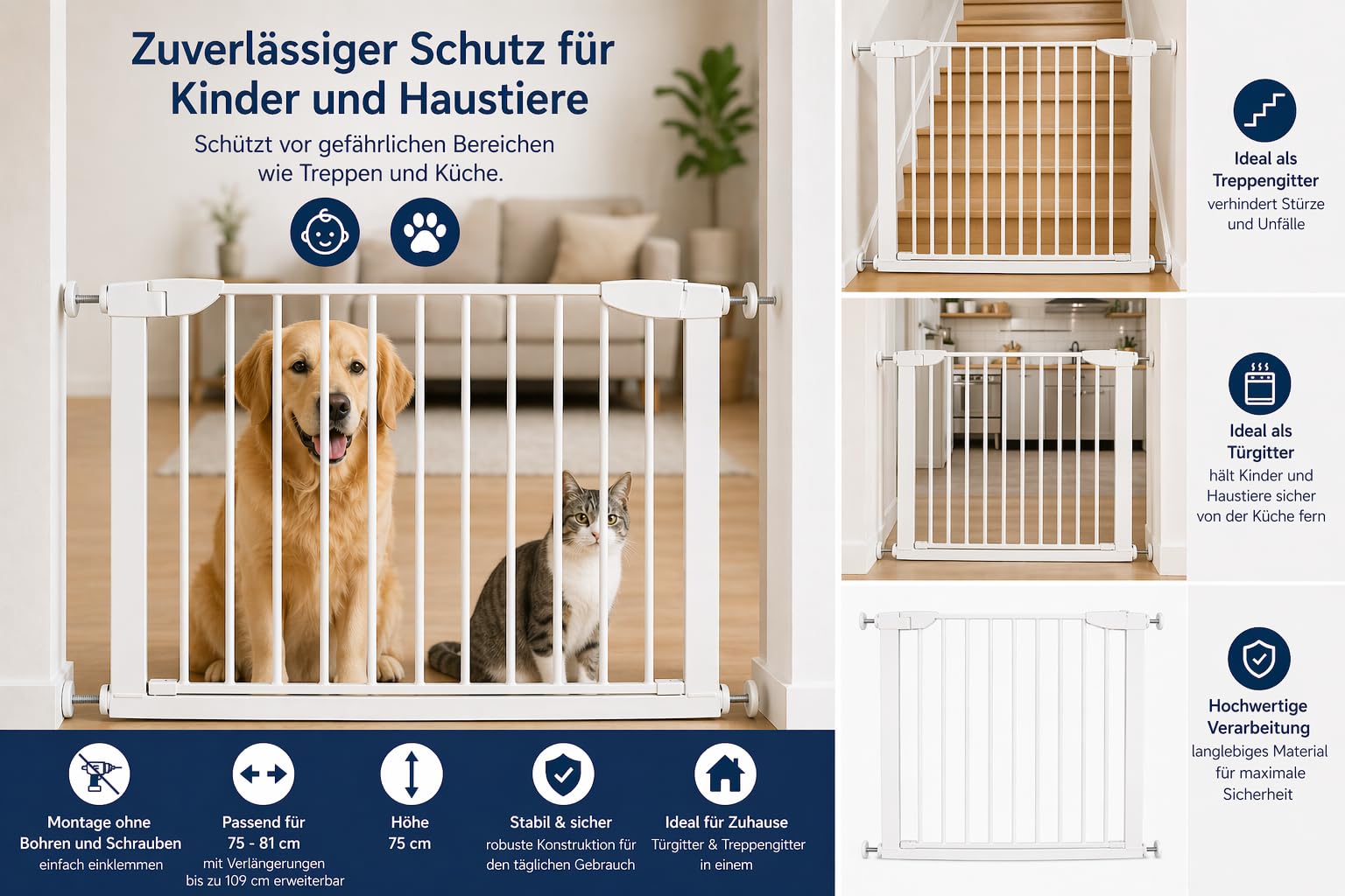 Fiducia Türschutzgitter Treppenschutzgitter erweiterbar bis 102 cm Ohne Bohren Hundegitter Türschutz für Ihr Baby & Haustier Türgitter Kindergitter (75-102 cm)