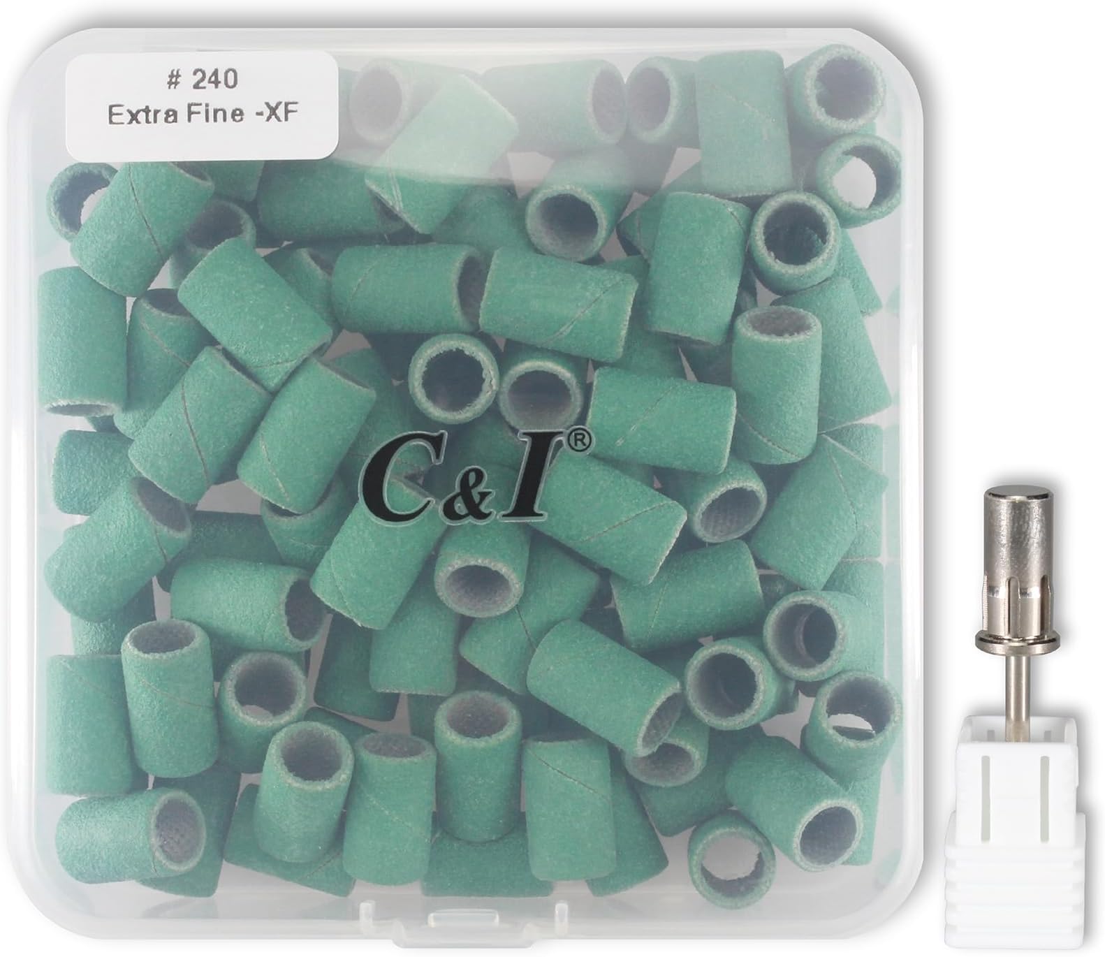 Nail Sanding Bands 100 PCS Plus Upgrade Mandrel 1 PC, Nail Drill Bits for Acrylic Gel Nails Remove, Natural Nails Buffer for Nail Prep and Nail Shiner (Green, 240 Extra Fine)