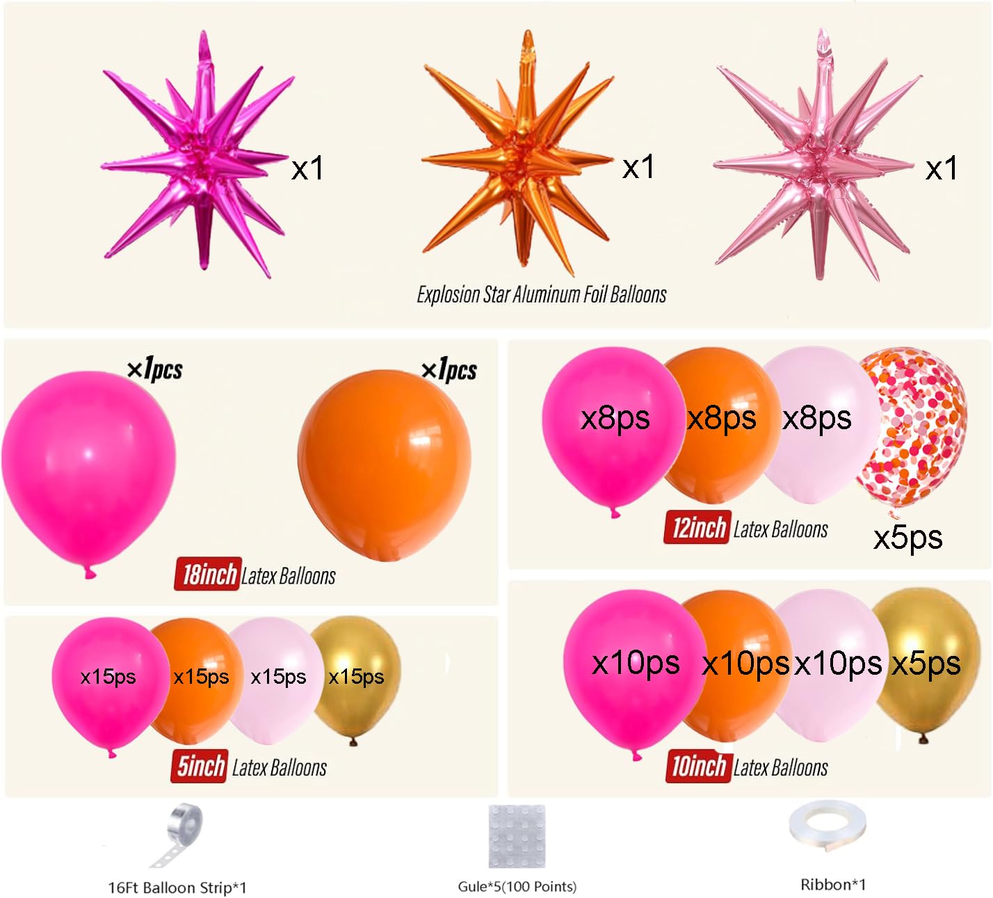 Bonropin Pink and Orange Balloon Arch Kit with Hot Pink Orange Metallic Gold Latex Balloons Garland kit 18 12 10 5Inch Different Size Balloons for Birthday Baby Shower Wedding Summer Party Decorations
