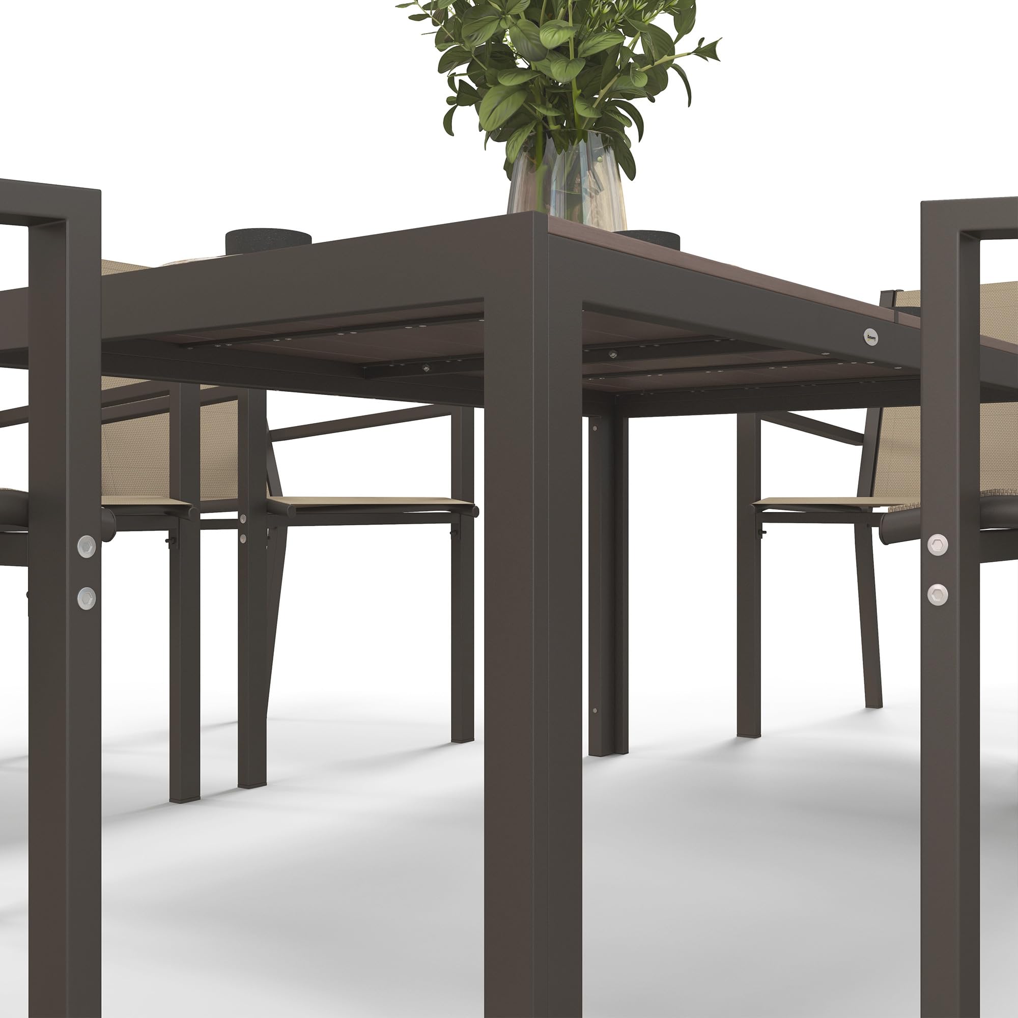 Outsunny Set da Giardino 7 Pezzi in Acciaio e Plastica, Set Mobili da Esterno con 6 Sedie Impilabili e Tavolo Rettangolare, Kaki e Marrone