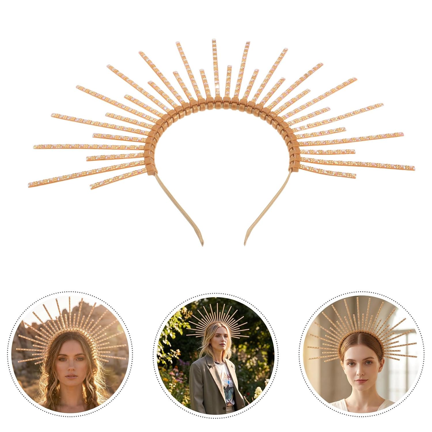 Mipcase Golden Spiked Goddess Women Crown Headband with Jeweled Embellishments, Versatile Styling Metal Hairband for Costume Parties and Themed Photoshoots, Prevents Slipping