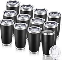 CoolYoleb 20oz Stainless Steel Tumblers Bulk 12 Pack - Double Wall Vacuum Insulated with Leak-Proof Lids, Powder Coated Black for Hot & Cold Drinks