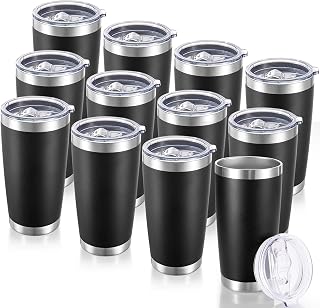 CoolYoleb 20oz Stainless Steel Tumblers Bulk 12 Pack - Vacuum Insulated Powder Coated Cups with Leak-Proof Lids for Hot Cold Drinks Black